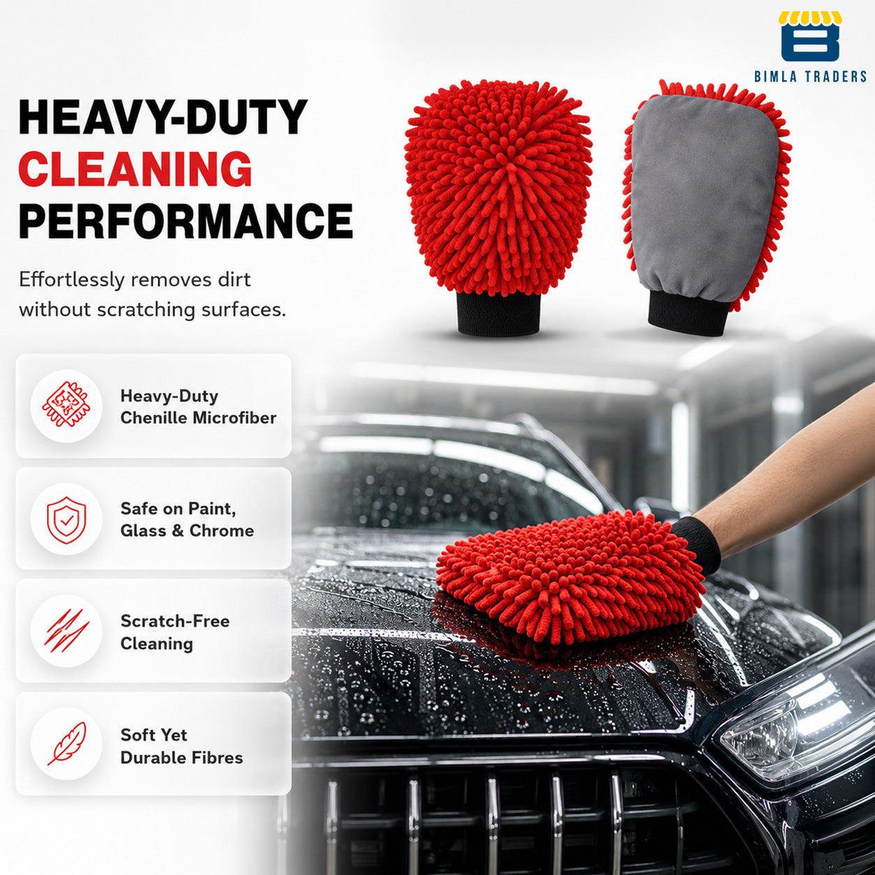 Bimla Traders Microfibre Wash Mitt Cleaning Gloves | Heavy-Duty Quality | Super Absorbent | Extra Large.