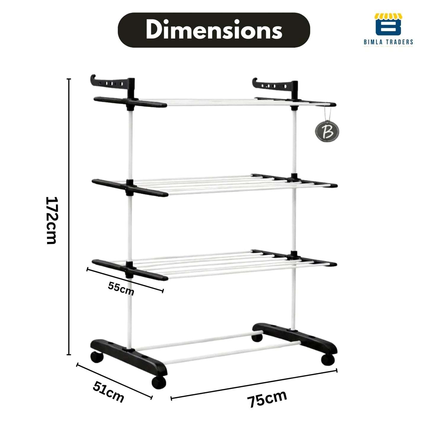 Bimla Traders Heavy-Duty Clothes Drying Stand | Load Capacity 40 kg | Portable with Wheels | Balcony Use | Foldable Wings | Rust-Resistant Alloy Steel