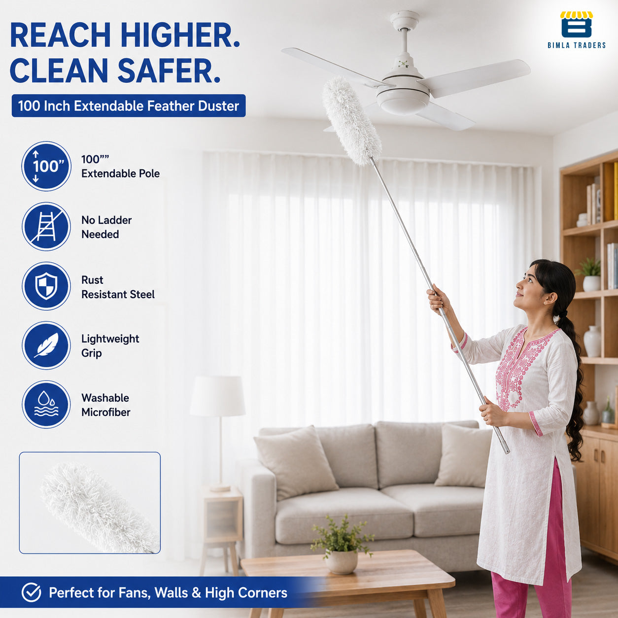 Bimla Traders Feather Duster Bendable & Extendable Fan Cleaning Duster with 100 inches Expandable Pole Handle Washable