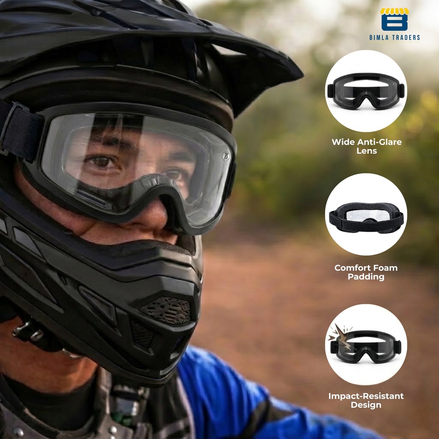 Btag Premium Adult Motocross Dirt Bike Racing, Cycling Goggles – Transparent Lens, Adjustable Strap with Extra Back Padding for Comfort. Pack of 1