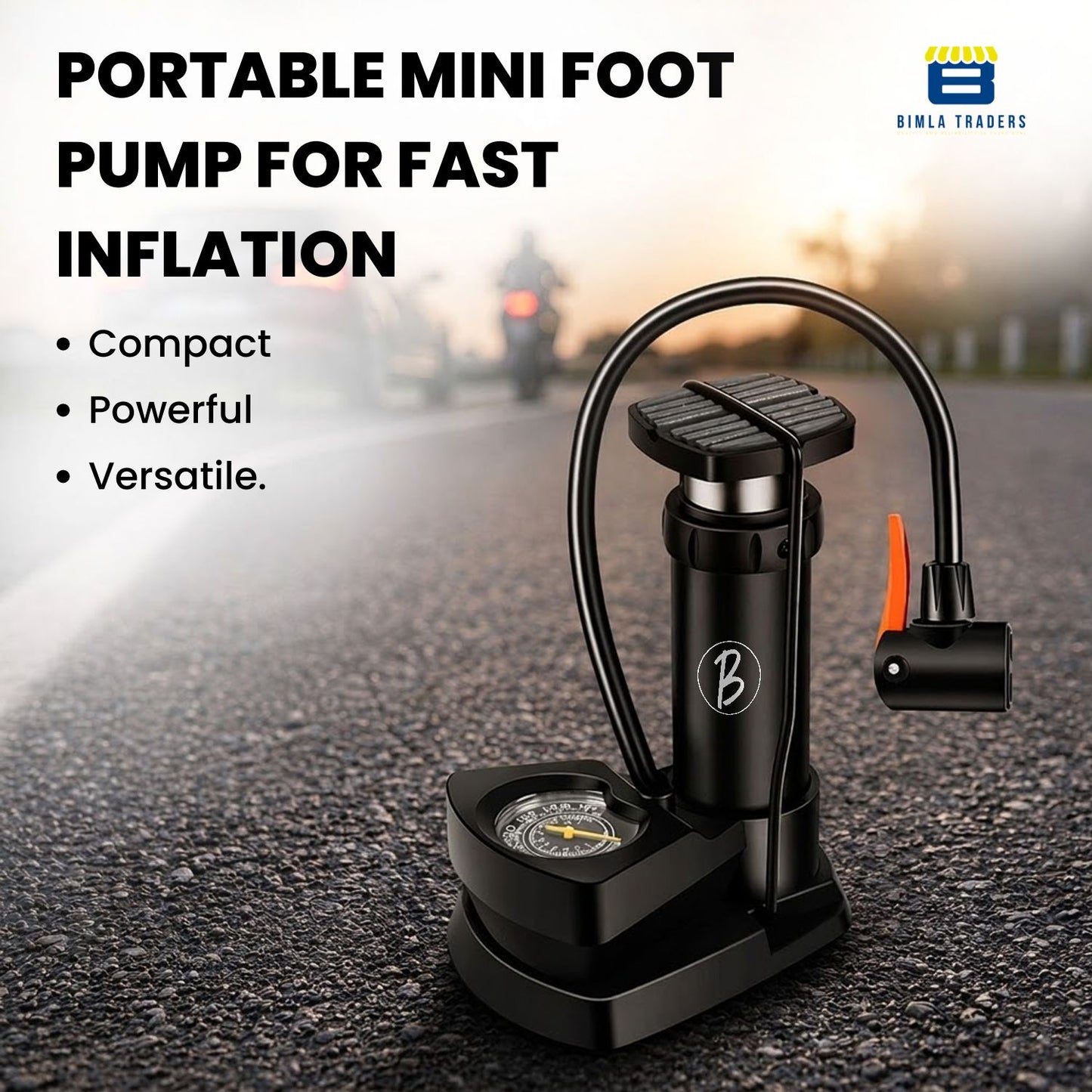 Bimla Traders High Pressure Foot Air Pump with Pressure Gauge – Portable Floor Compressor Cylinder for Car, Bike, Motorcycle, and Bicycle Tyres. Pack of 1 (AU003_Black)