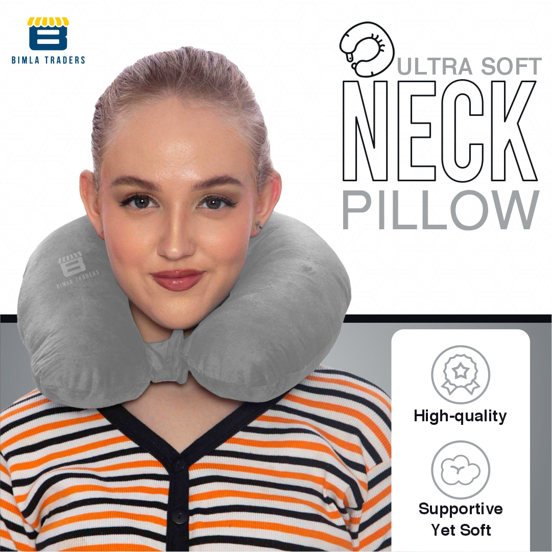 Bimla Traders Travel Neck Pillow for Men & Women | Soft Fibre Cushion for Flight, Car & Train | Soft Velvet Fabric with Attachable Snap Strap | Cervical Support for Neck Pain Relief. Pack of 1
