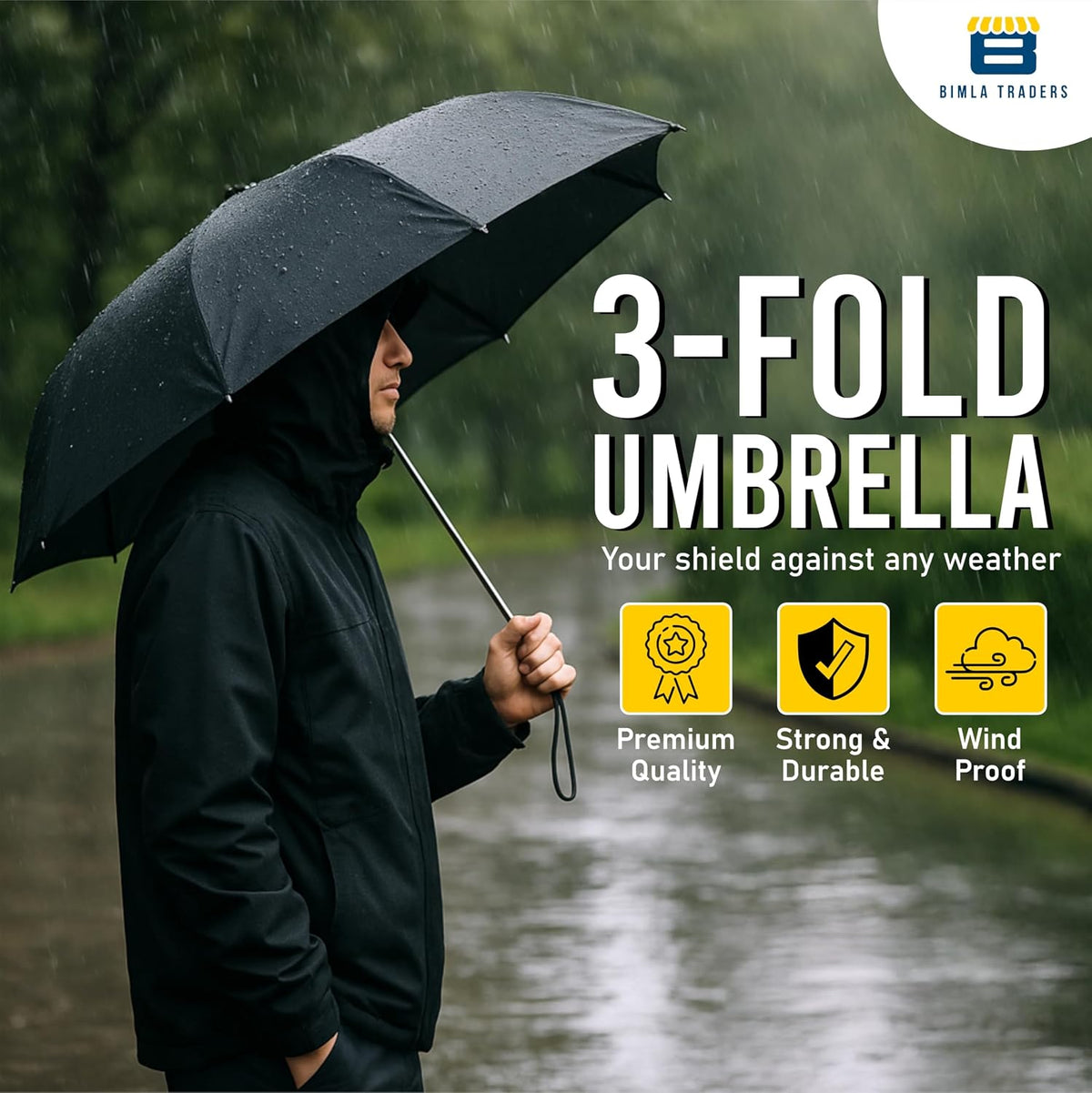 Btag Round Handle 3 Fold Small size Black Portable Umbrella for Men Women & Kids | UV Protection, Waterproof, Rain, Sunlight Protection | Pack of 1