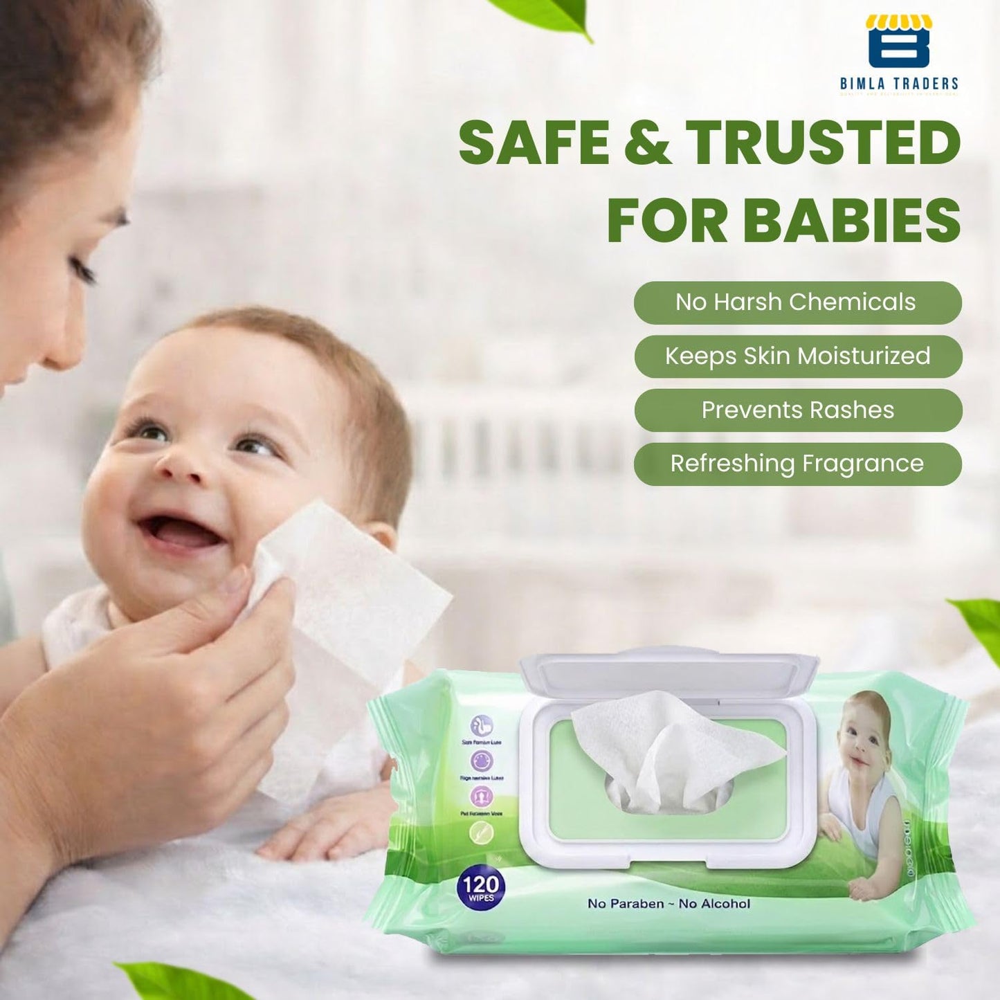 Bimla Traders Soft Natural Baby Wipes | Natural & Gentle Care | Ultra-Soft, Baby-Friendly Wet Wipes for Daily Use 120 Piece Pack