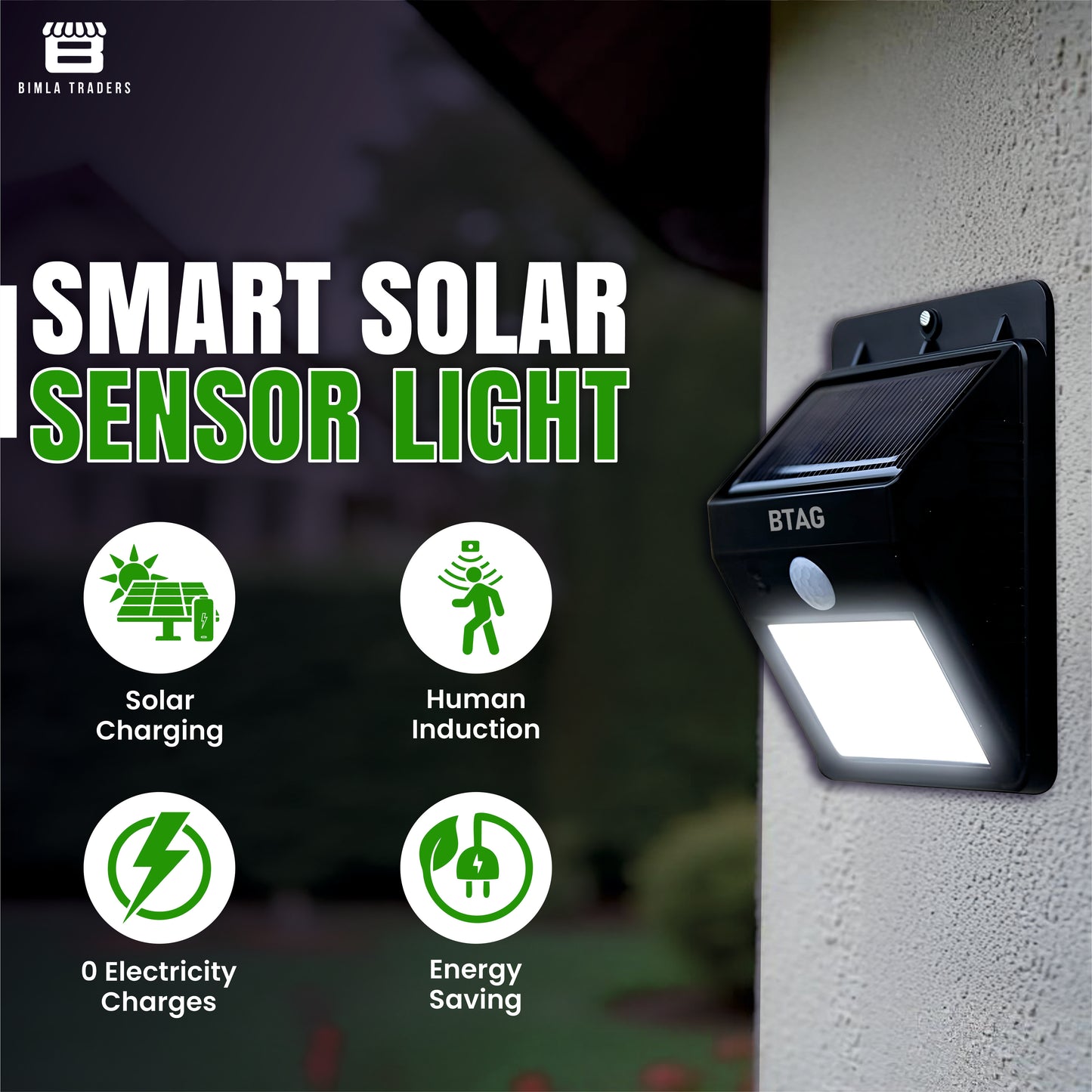 Bimla Traders Smart Solar LED Motion Sensor Light - Energy Efficient & Weatherproof for Driveway, Garden, and Pathways.