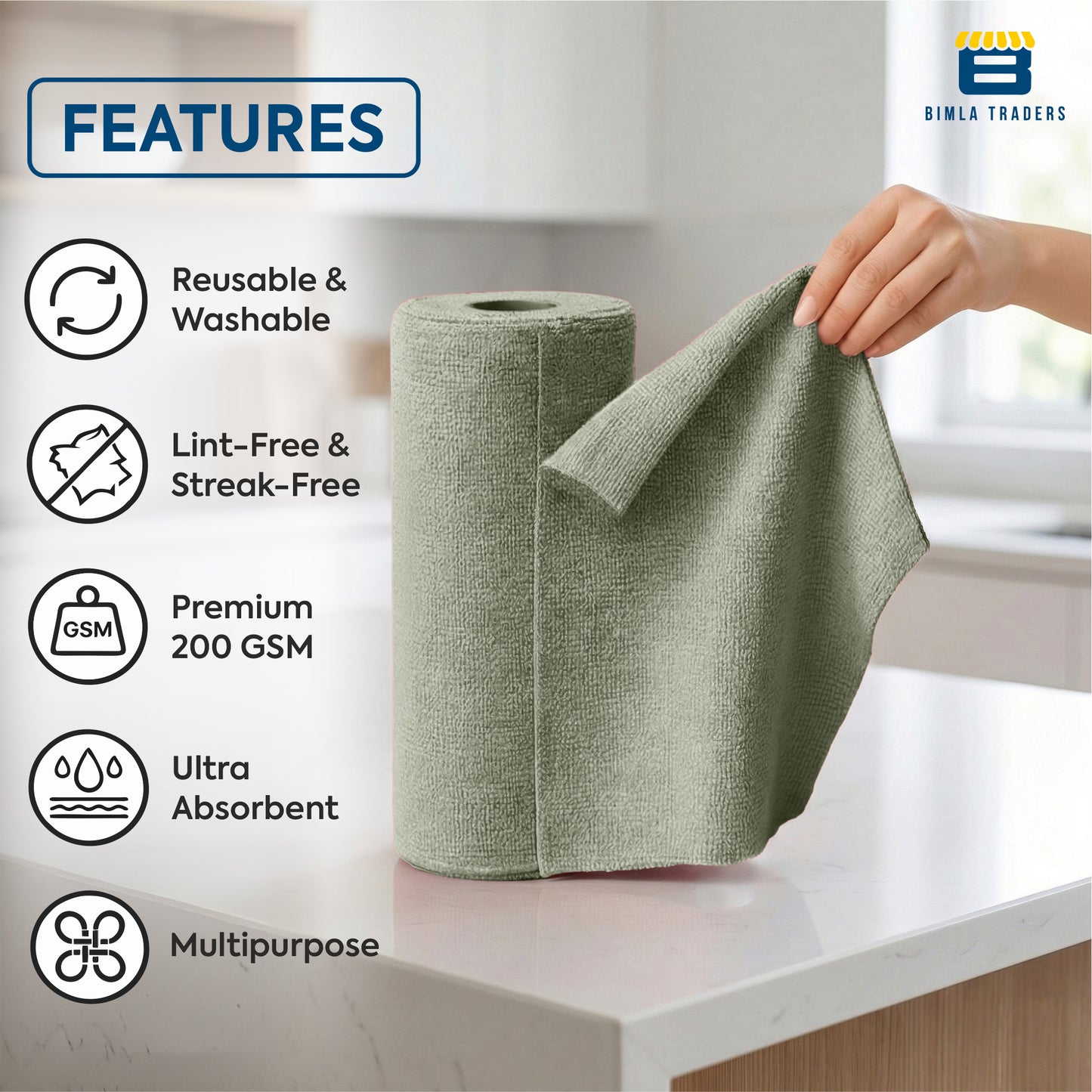 Bimla Traders Microfiber Tear-Away Reusable, Washable, 25x25cm 20 Pieces Cleaning Towels Roll – Premium, Super Absorbent Cloths for Kitchen, Car & Home