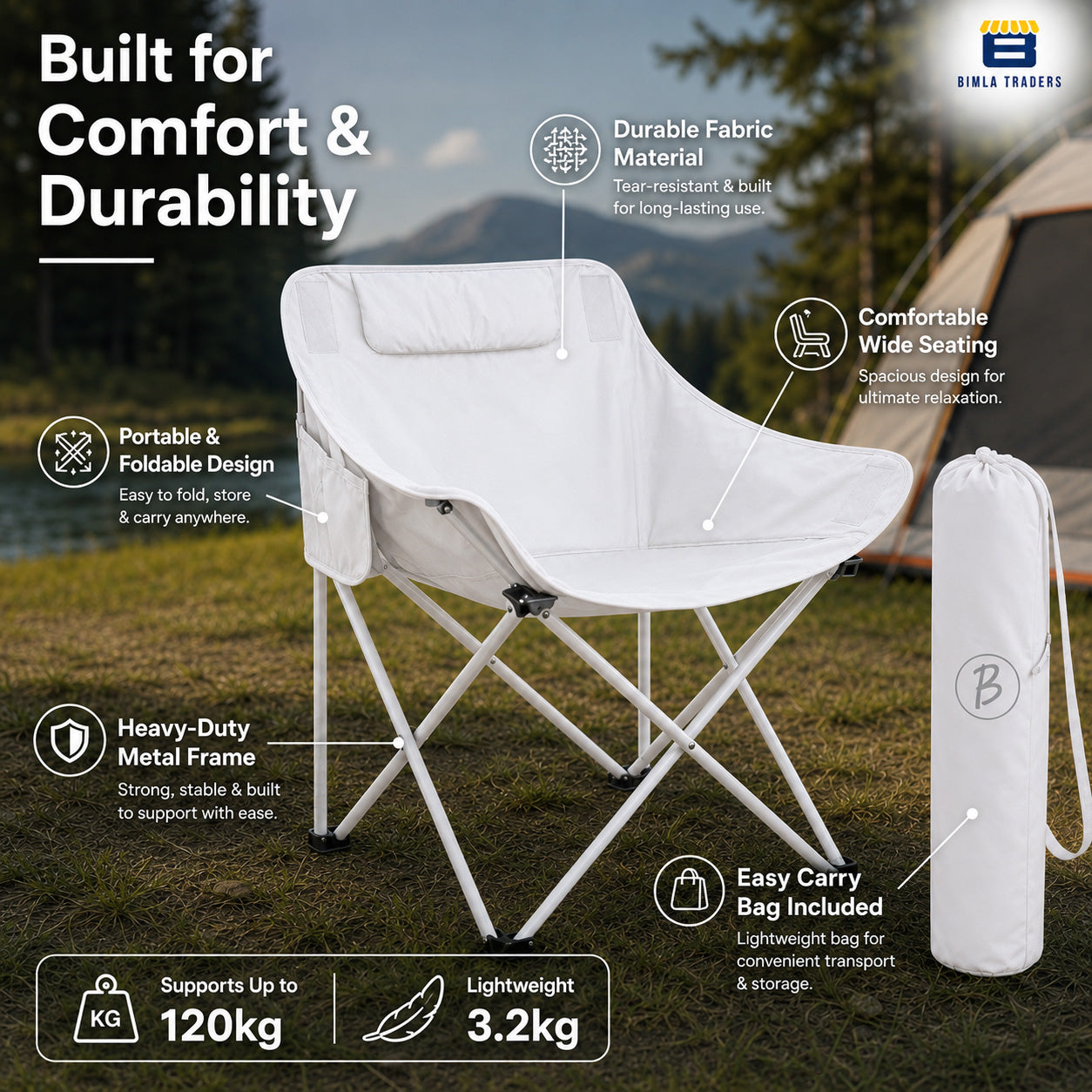 Bimla Traders Foldable Camping Chair with Carry Bag, Portable Outdoor Folding Chair for Camping, Picnic, Garden and Travel, Heavy Duty Metal Frame.