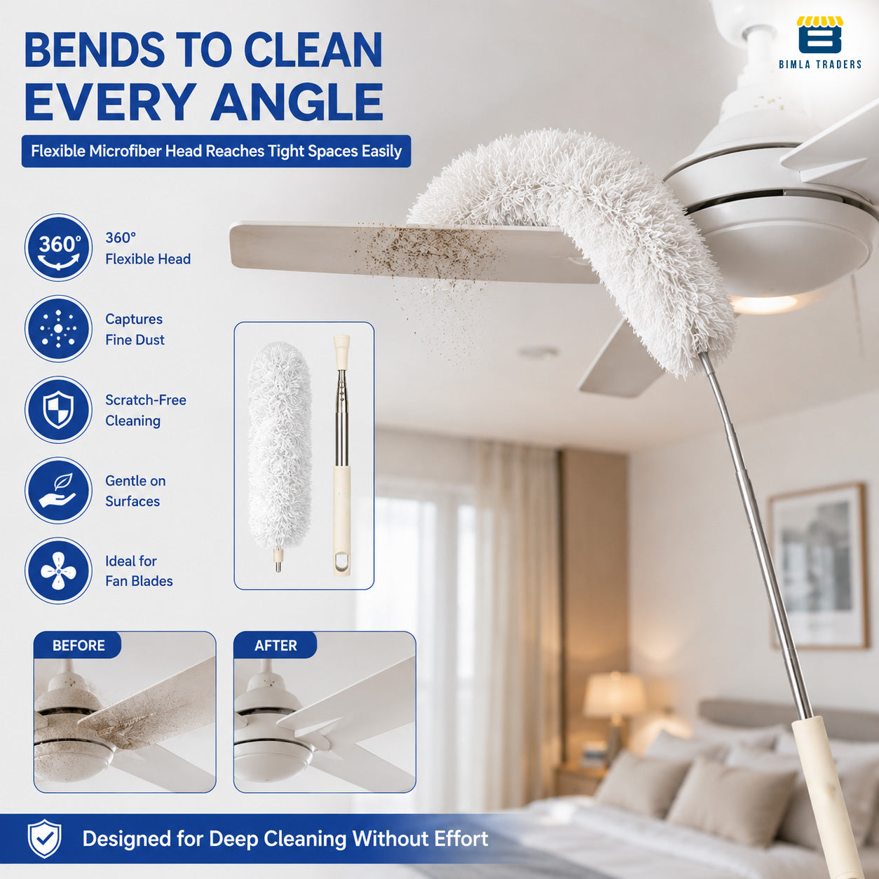 Bimla Traders Feather Duster Bendable & Extendable Fan Cleaning Duster with 100 inches Expandable Pole Handle Washable