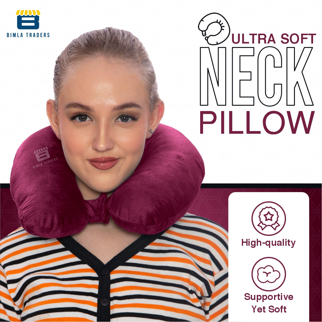 Bimla Traders Travel Neck Pillow for Men & Women | Soft Fibre Cushion for Flight, Car & Train | Soft Velvet Fabric with Attachable Snap Strap | Cervical Support for Neck Pain Relief. Pack of 1