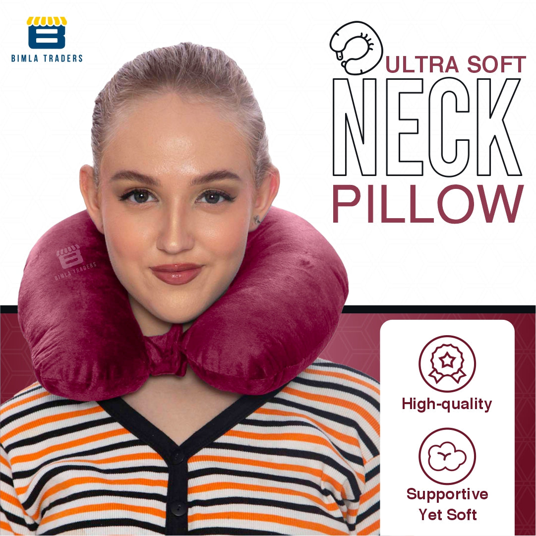Bimla Traders Travel Neck Pillow for Men & Women | Soft Fibre Cushion for Flight, Car & Train | Soft Velvet Fabric with Attachable Snap Strap | Cervical Support for Neck Pain Relief. Pack of 1