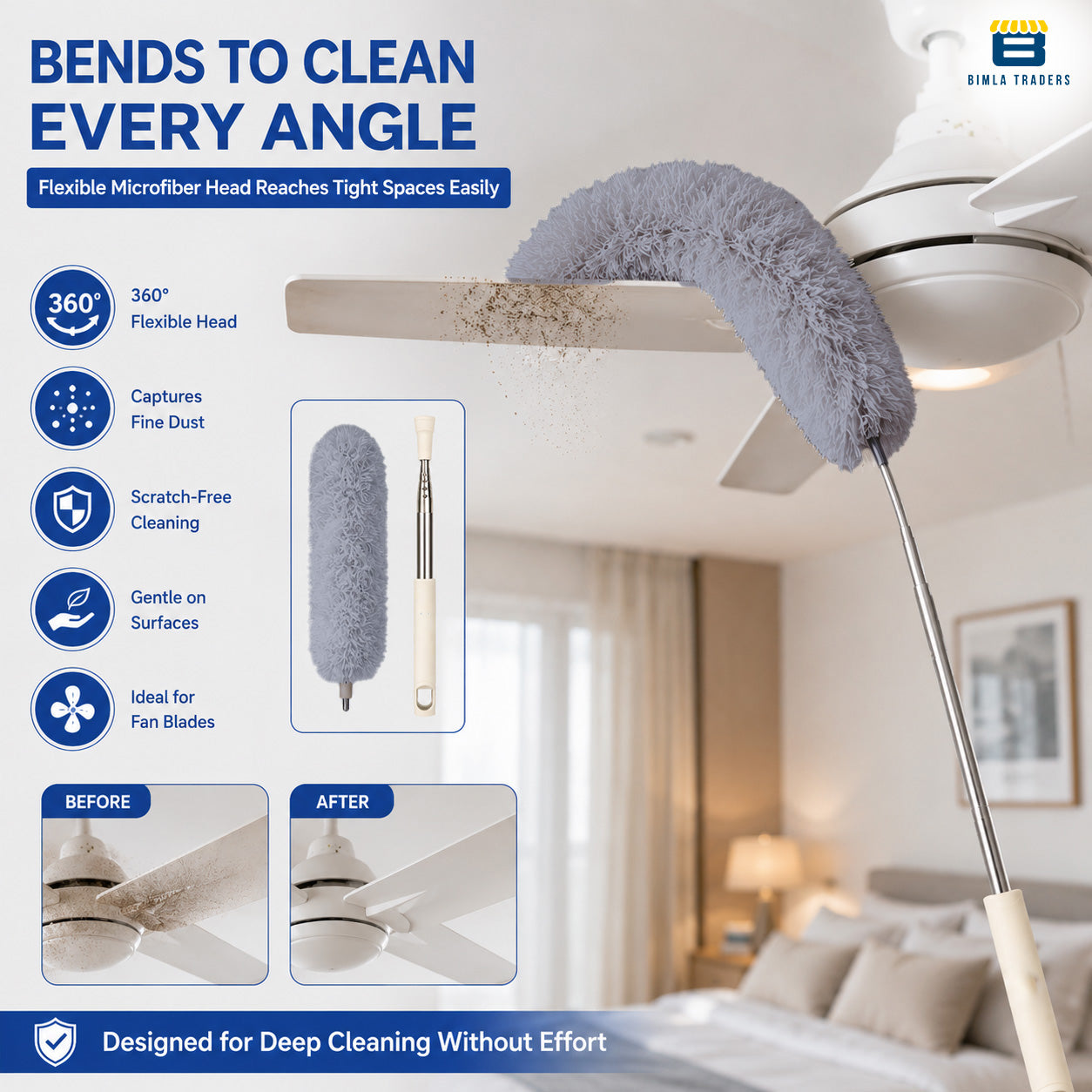 Bimla Traders Feather Duster Bendable & Extendable Fan Cleaning Duster with 100 inches Expandable Pole Handle Washable