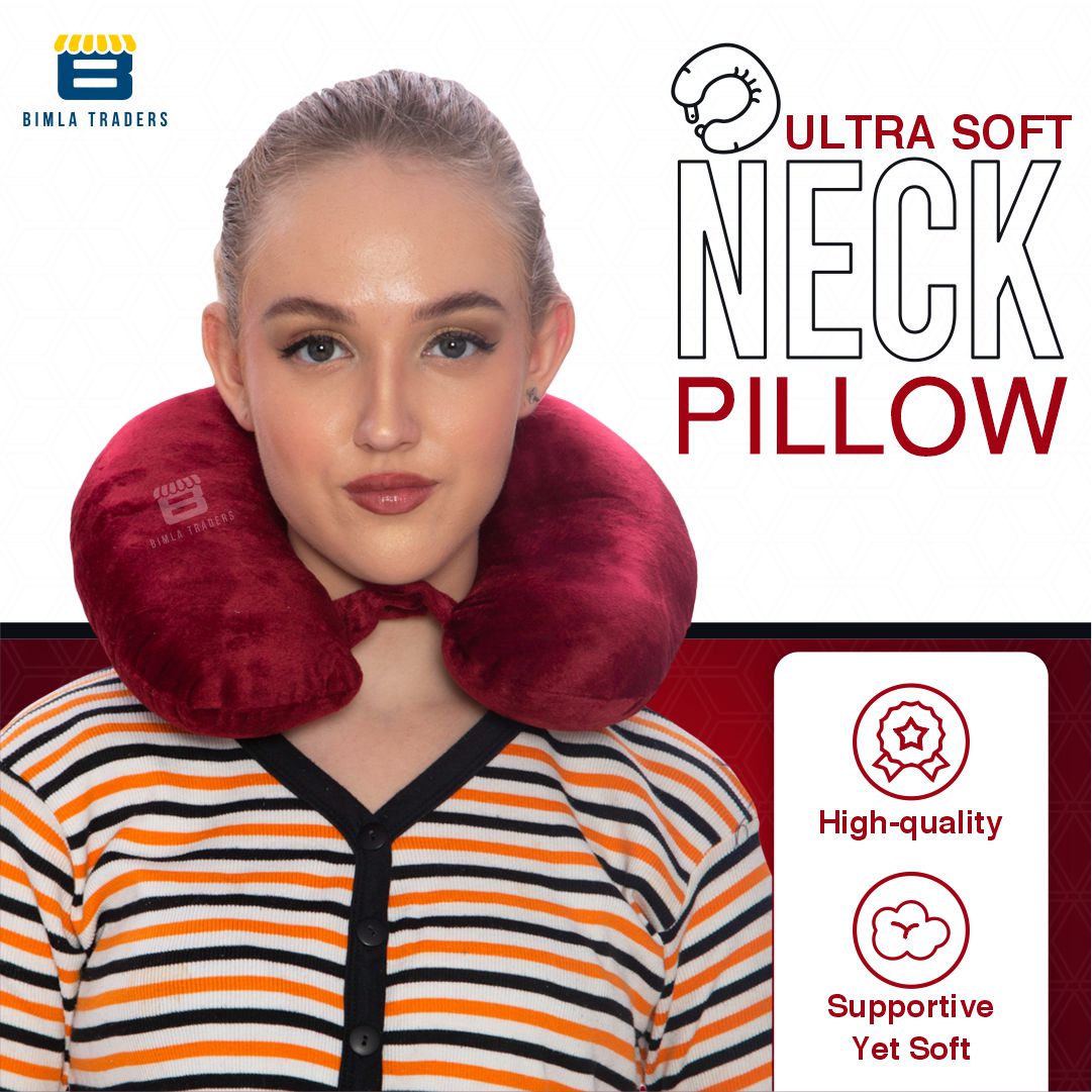 Bimla Traders Travel Neck Pillow for Men & Women | Soft Fibre Cushion for Flight, Car & Train | Soft Velvet Fabric with Attachable Snap Strap | Cervical Support for Neck Pain Relief. Pack of 1