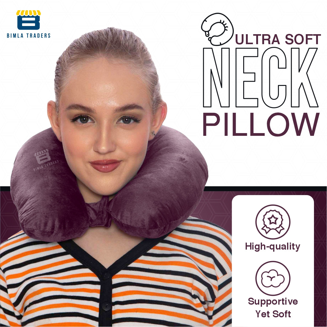 Bimla Traders Travel Neck Pillow for Men & Women | Soft Fibre Cushion for Flight, Car & Train | Soft Velvet Fabric with Attachable Snap Strap | Cervical Support for Neck Pain Relief. Pack of 1