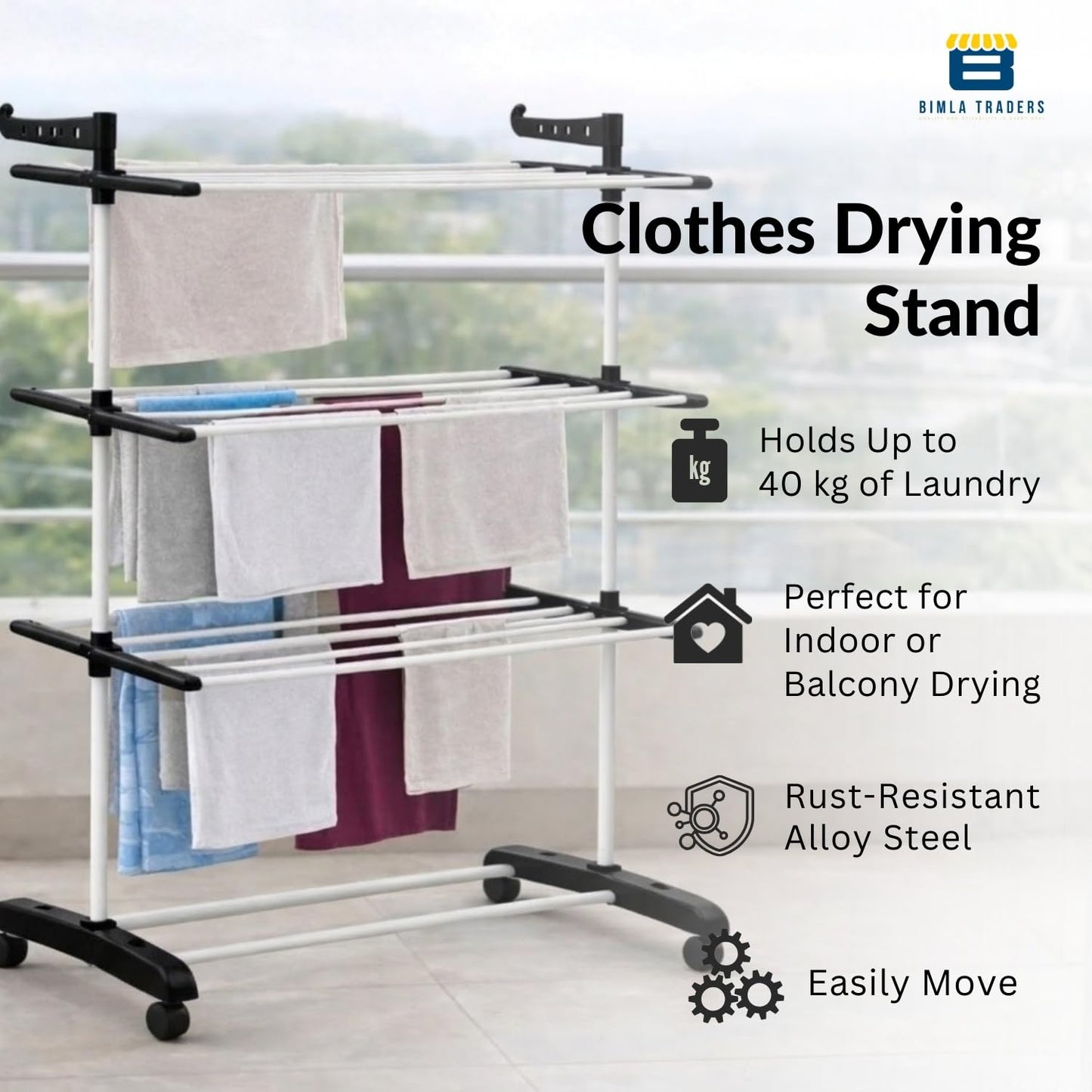 Bimla Traders Heavy-Duty Clothes Drying Stand | Load Capacity 40 kg | Portable with Wheels | Balcony Use | Foldable Wings | Rust-Resistant Alloy Steel