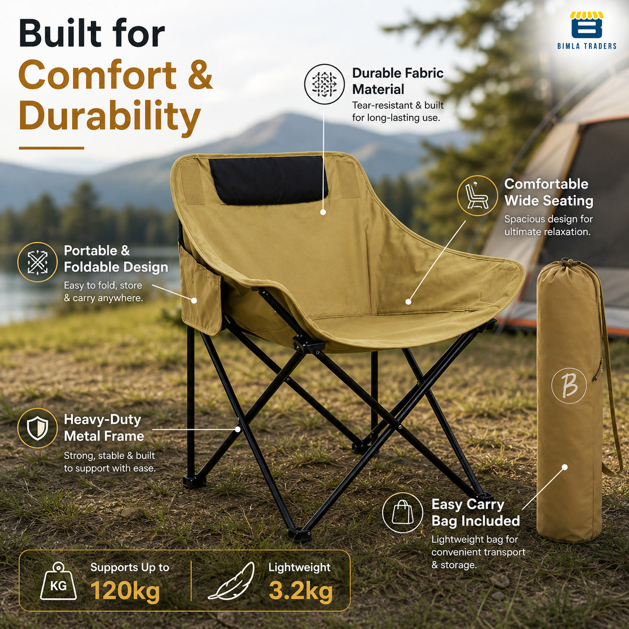 Bimla Traders Foldable Camping Chair with Carry Bag, Portable Outdoor Folding Chair for Camping, Picnic, Garden and Travel, Heavy Duty Metal Frame.