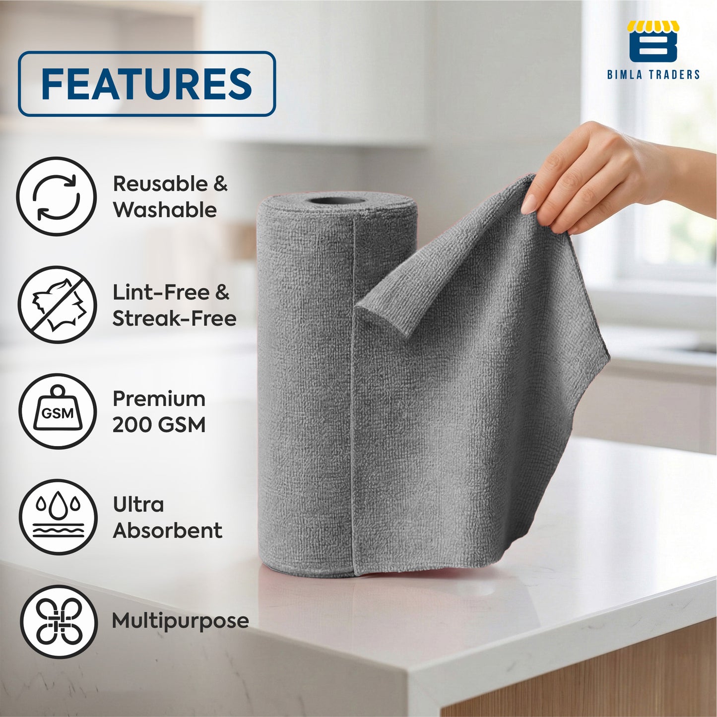 Bimla Traders Microfiber Tear-Away Reusable, Washable, 25x25cm 20 Pieces Cleaning Towels Roll – Premium, Super Absorbent Cloths for Kitchen, Car & Home