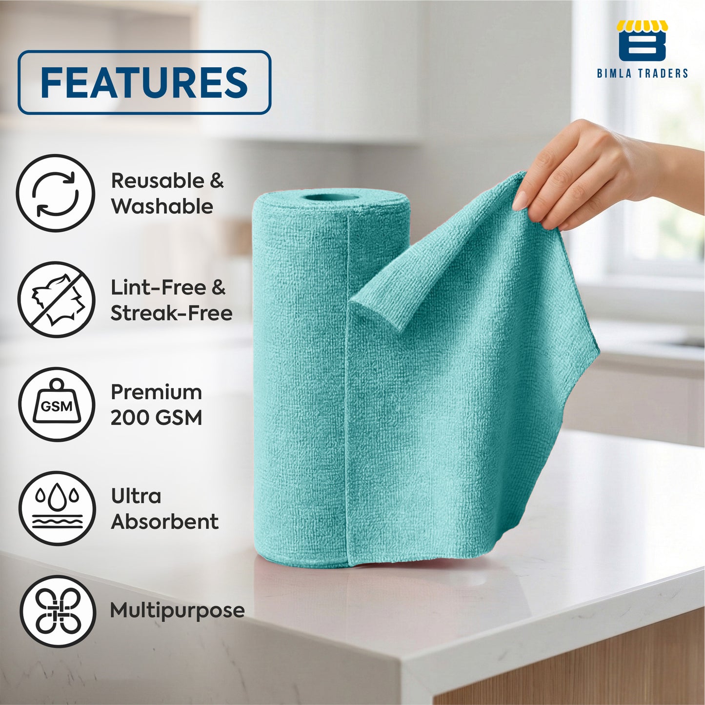 Bimla Traders Microfiber Tear-Away Reusable, Washable, 25x25cm 20 Pieces Cleaning Towels Roll – Premium, Super Absorbent Cloths for Kitchen, Car & Home