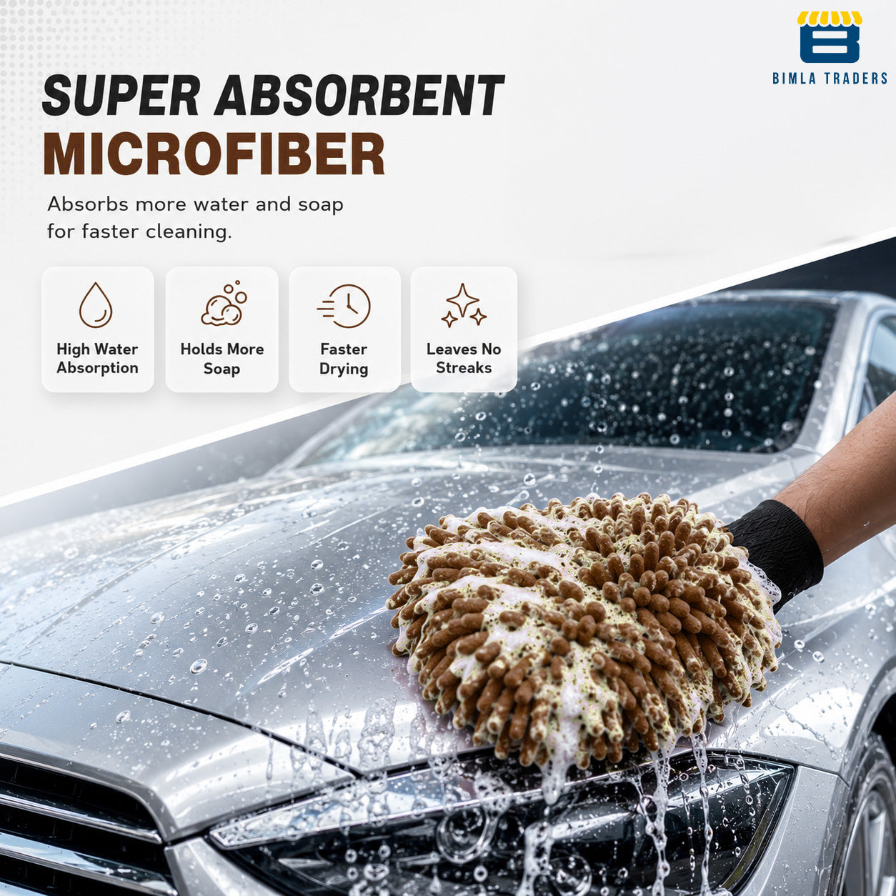Bimla Traders Microfibre Wash Mitt Cleaning Gloves | Heavy-Duty Quality | Super Absorbent | Extra Large.