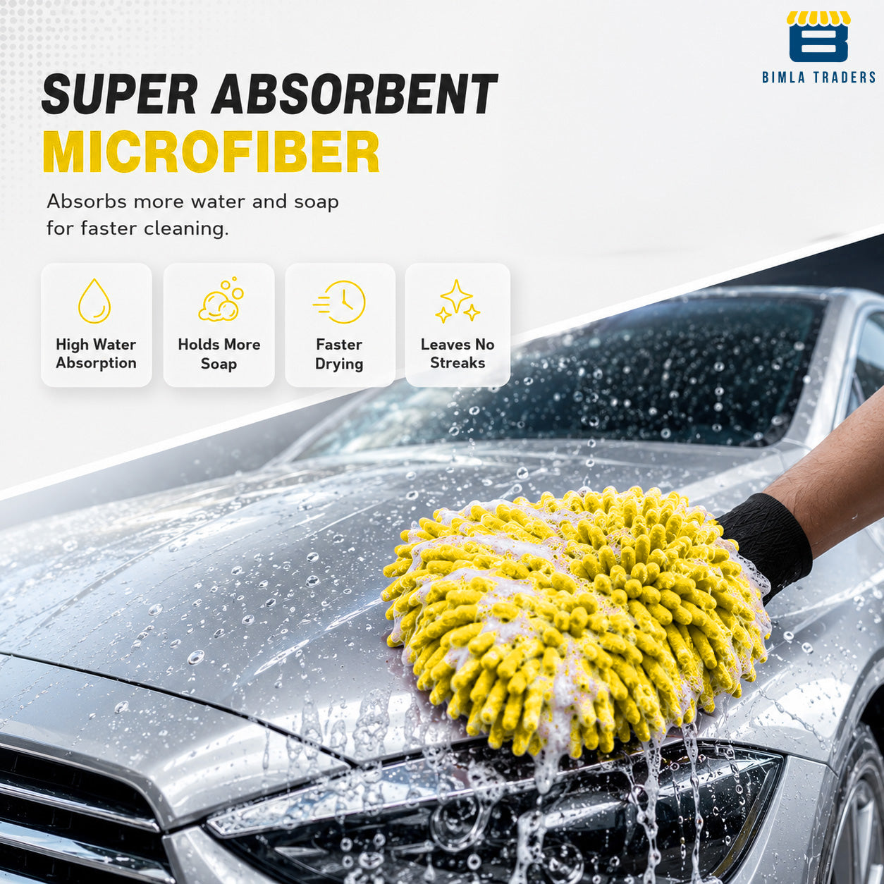 Bimla Traders Microfibre Wash Mitt Cleaning Gloves | Heavy-Duty Quality | Super Absorbent | Extra Large.