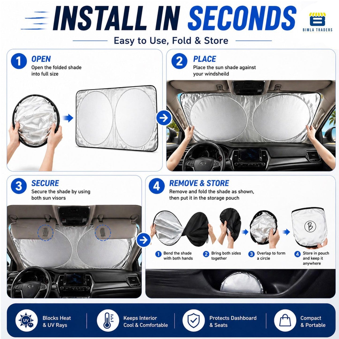 Btag Premium Spring Foldable Car Windshield Sun Shade | Reflective UV & Heat Insulation Sun Protector for Trucks, SUVs & Cars.