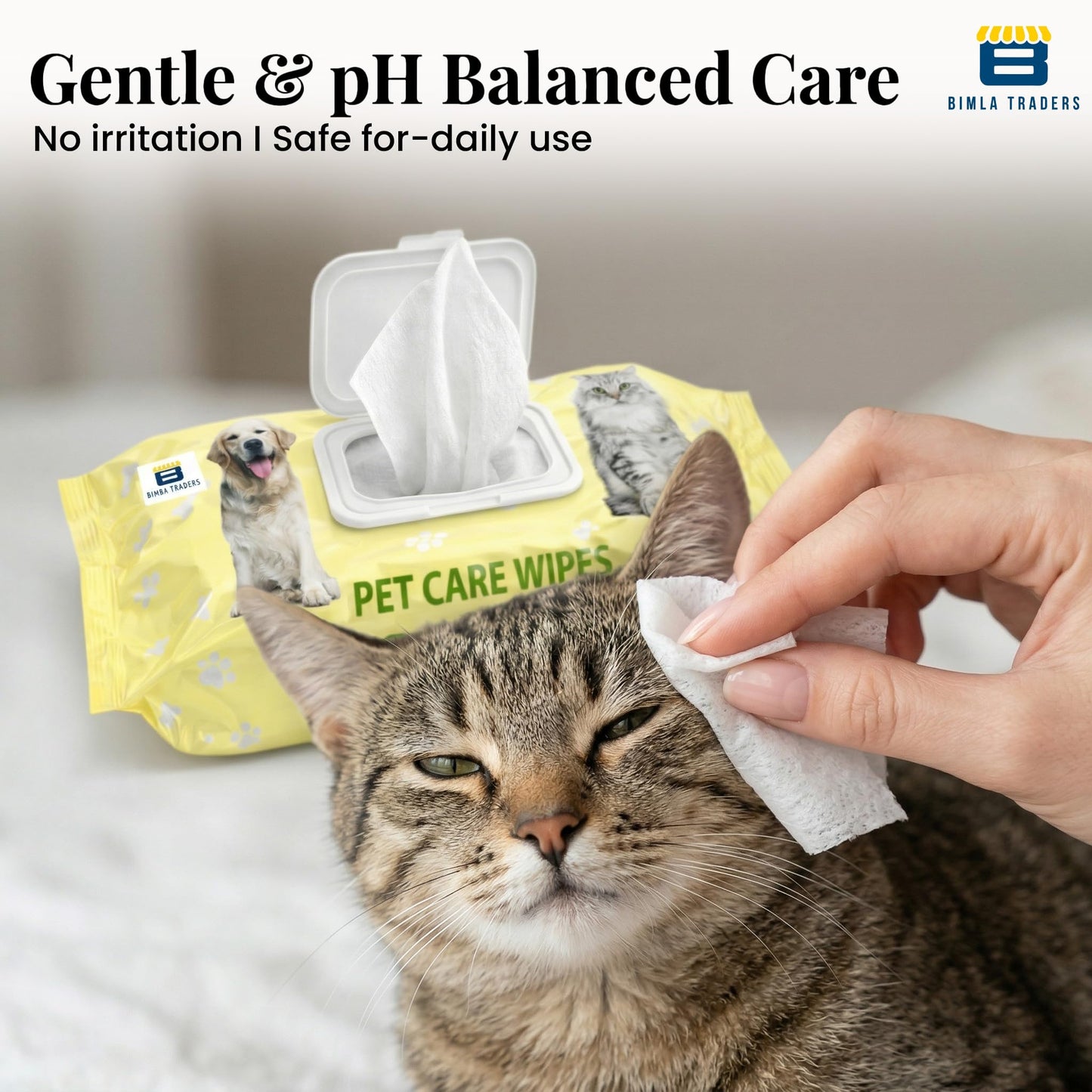 Bimla Traders Pet Grooming Wipes for Dogs & Cats (14 × 18 cm) | 100 Count | pH Balanced Dry Bath | Ear, Paw & Coat Cleaning | Hygiene Essentials | Non-Woven Disposable Cloth 40 GSM