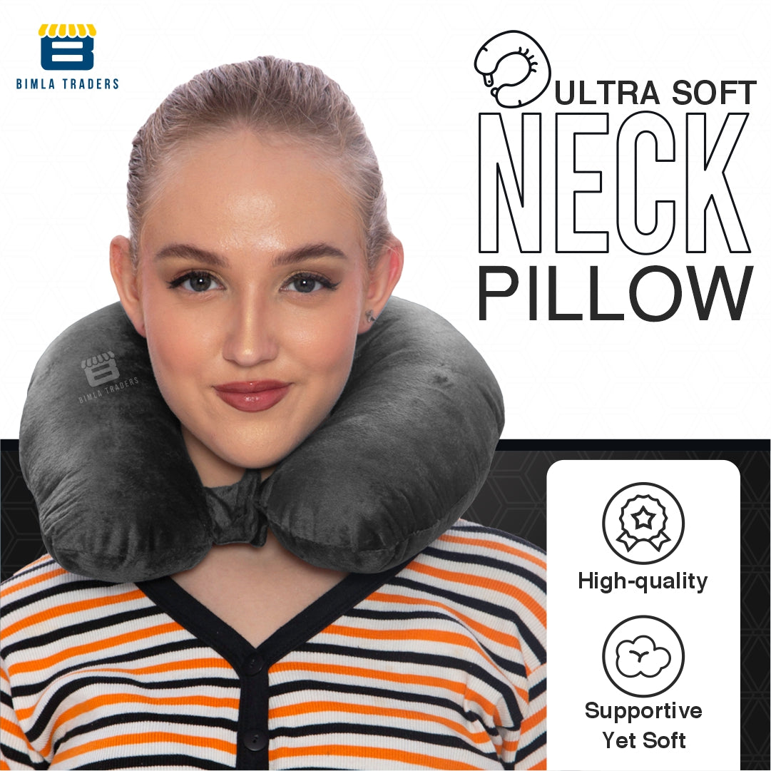 Bimla Traders Travel Neck Pillow for Men & Women | Soft Fibre Cushion for Flight, Car & Train | Soft Velvet Fabric with Attachable Snap Strap | Cervical Support for Neck Pain Relief. Pack of 1
