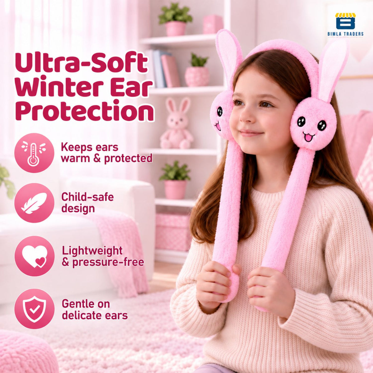 Bimla Traders Kids Premium Plush Bunny Earmuffs – Ultra-Soft, Windproof Ear Warmers with Animated Moving Ears