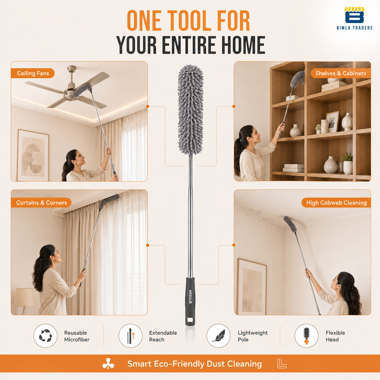 Bimla Traders Feather Duster Bendable & Extendable Fan Cleaning Duster with 100 inches Expandable Pole Handle Washable