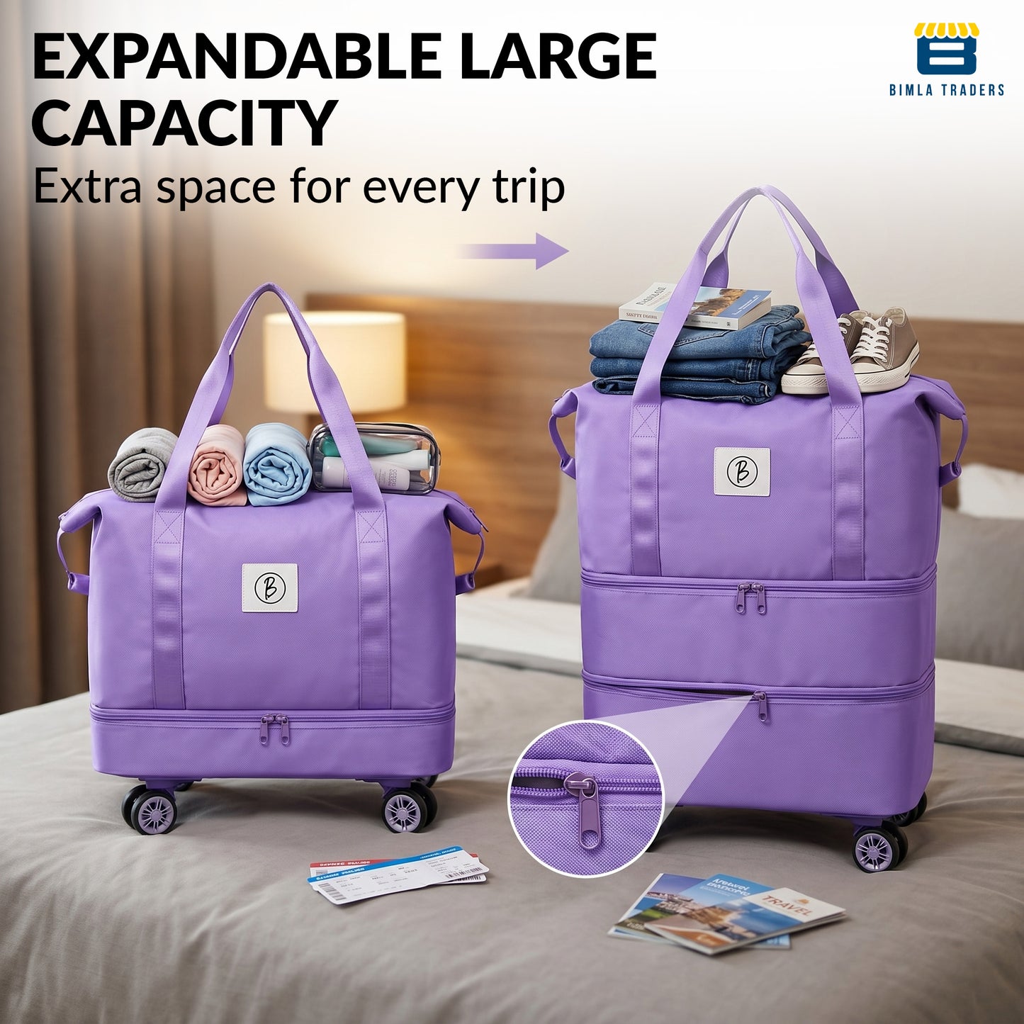 Bimla Traders Travel Duffle Bag with Wheels | Expandable & Waterproof Traveling Bag for Unisex (Pack of 1)