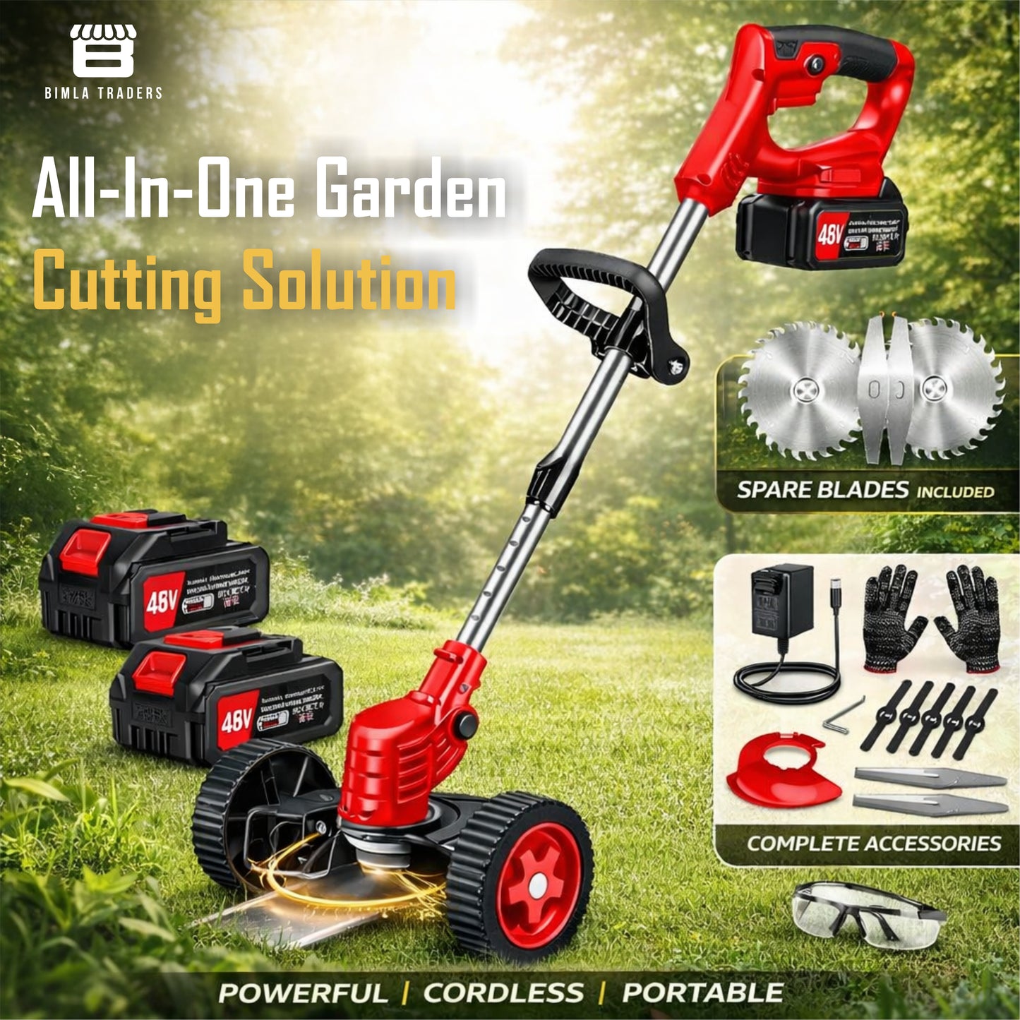 Bimla Traders 48V Cordless Electric String Trimmer & Lawn Edger with Wheels, Adjustable Handle, 2 Rechargeable Batteries, Steel & Plastic Blades, Grass Trimmer for Garden & Yard.