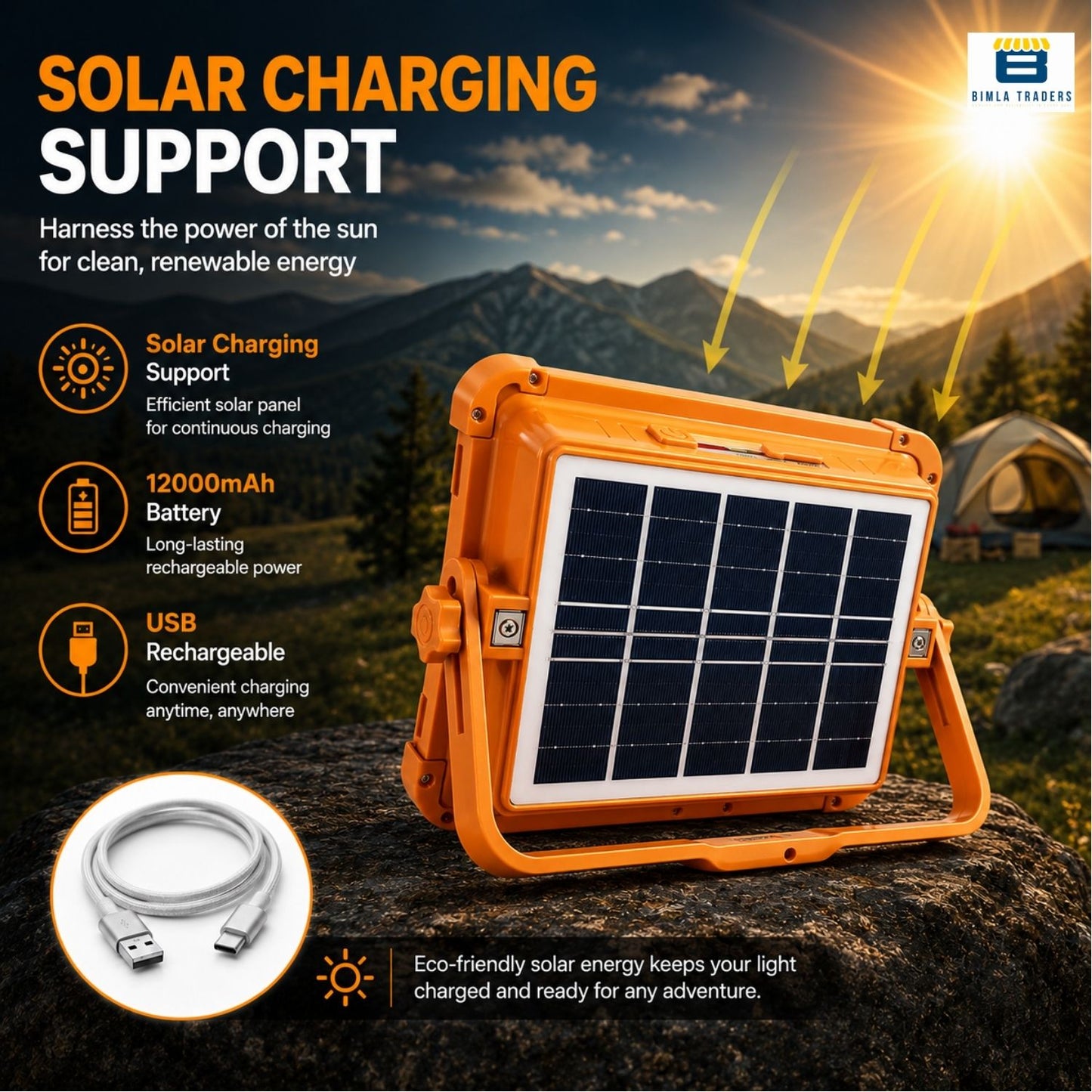 Bimla Traders Rechargeable Solar Emergency Light for Home | Bright, Reliable Power Backup Anytime | Floor Light for Indoor & Outdoor Use