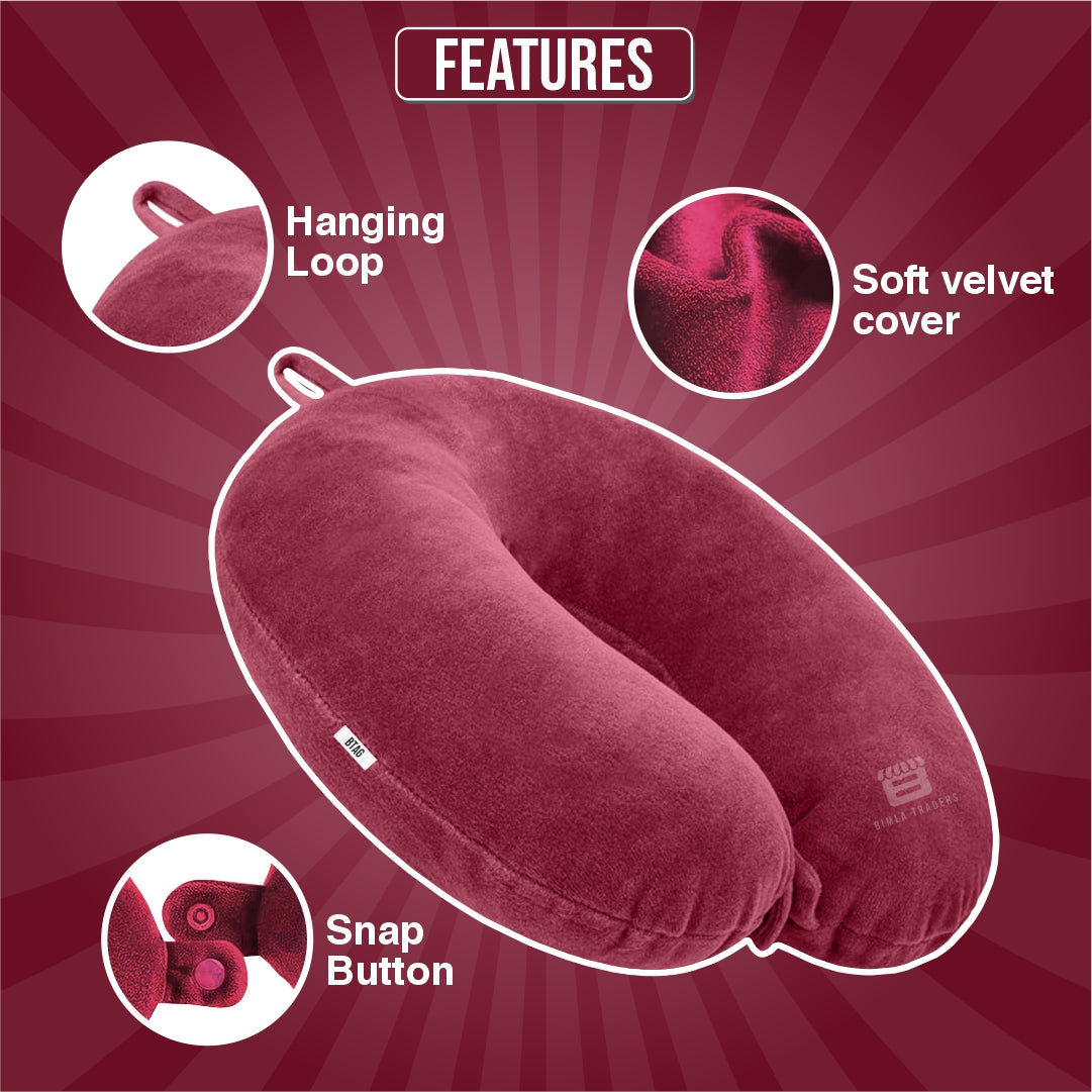 Bimla Traders Travel Neck Pillow for Men & Women | Soft Fibre Cushion for Flight, Car & Train | Soft Velvet Fabric with Attachable Snap Strap | Cervical Support for Neck Pain Relief. Pack of 1