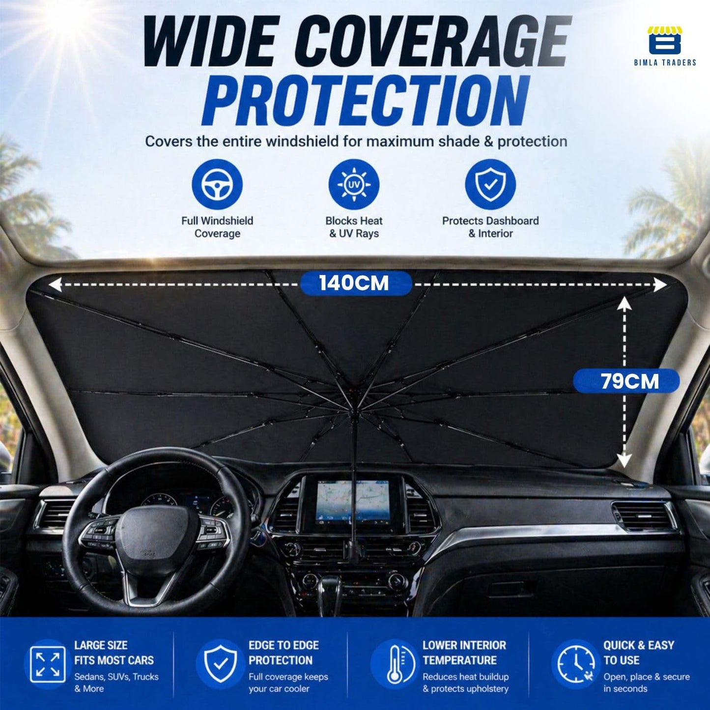 Btag Premium Foldable Car Windshield Sun Shade | Reflective UV & Heat Insulation Sun Protector for Trucks, SUVs & Cars.