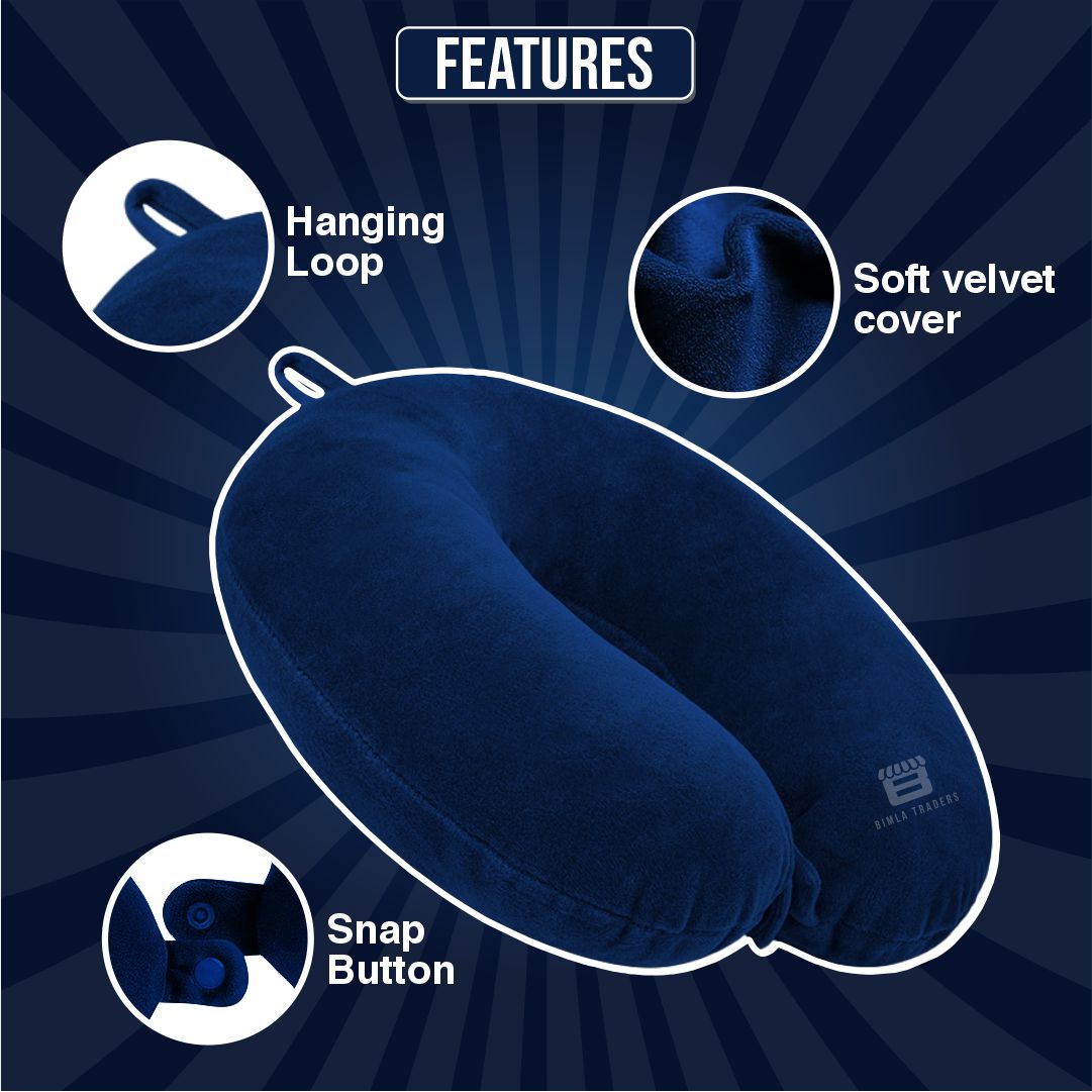 Bimla Traders Travel Neck Pillow for Men & Women | Soft Fibre Cushion for Flight, Car & Train | Soft Velvet Fabric with Attachable Snap Strap | Cervical Support for Neck Pain Relief. Pack of 1