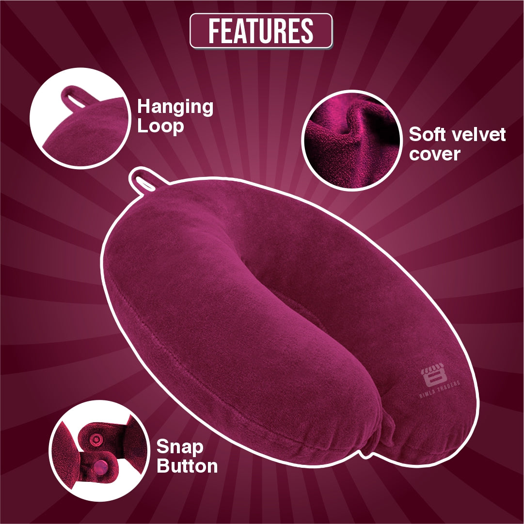 Bimla Traders Travel Neck Pillow for Men & Women | Soft Fibre Cushion for Flight, Car & Train | Soft Velvet Fabric with Attachable Snap Strap | Cervical Support for Neck Pain Relief. Pack of 1