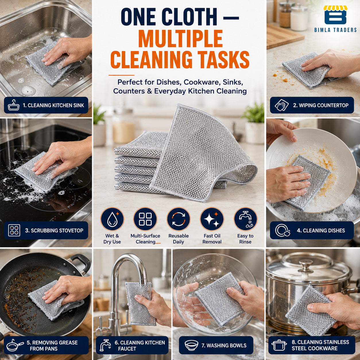 Bimla Traders Stainless Steel Non-Scratch Dish Cleaning Cloth | Reusable Wire Scrubber for Tough Grease on Utensils, Sinks & Counters | Wet & Dry Cleaning