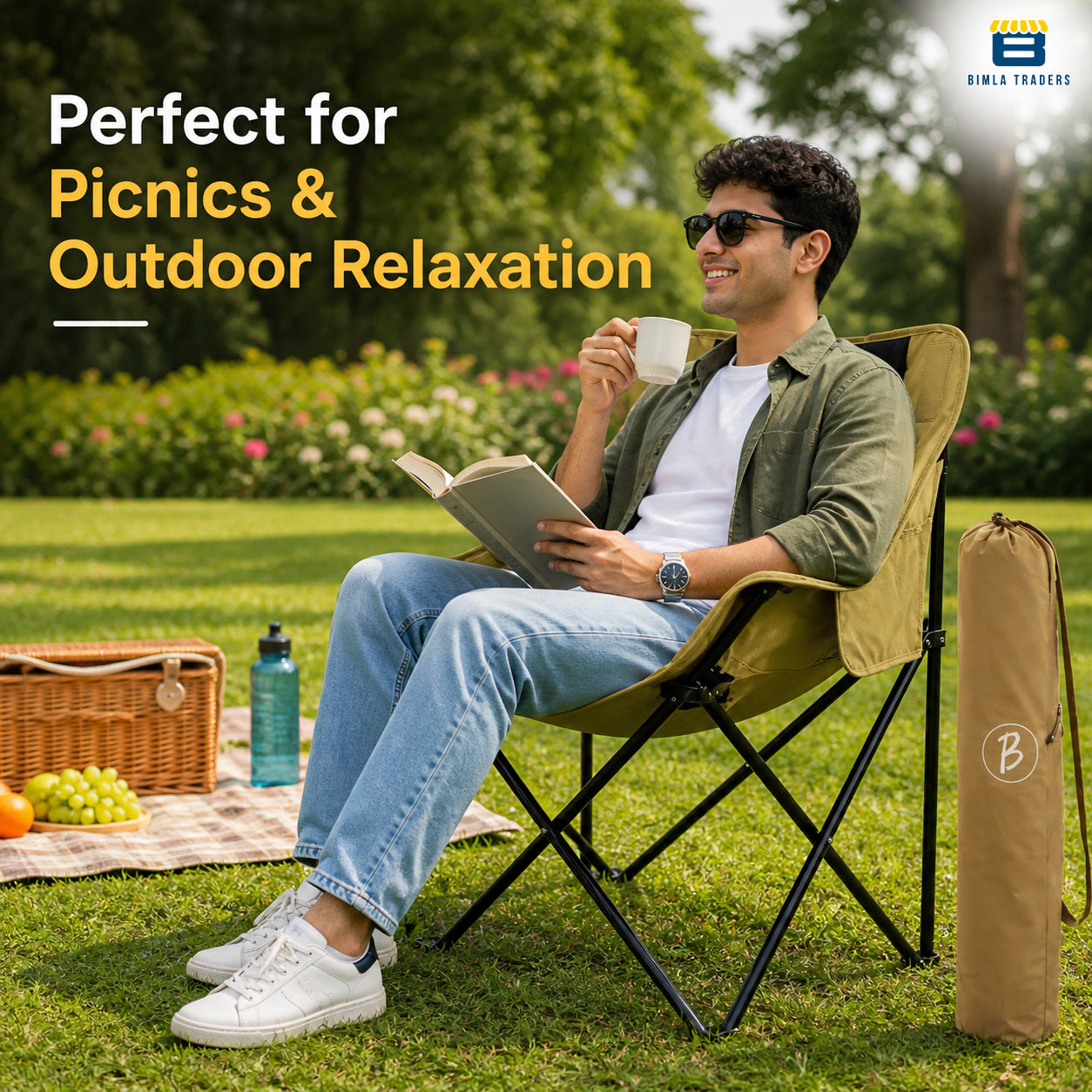 Bimla Traders Foldable Camping Chair with Carry Bag, Portable Outdoor Folding Chair for Camping, Picnic, Garden and Travel, Heavy Duty Metal Frame.