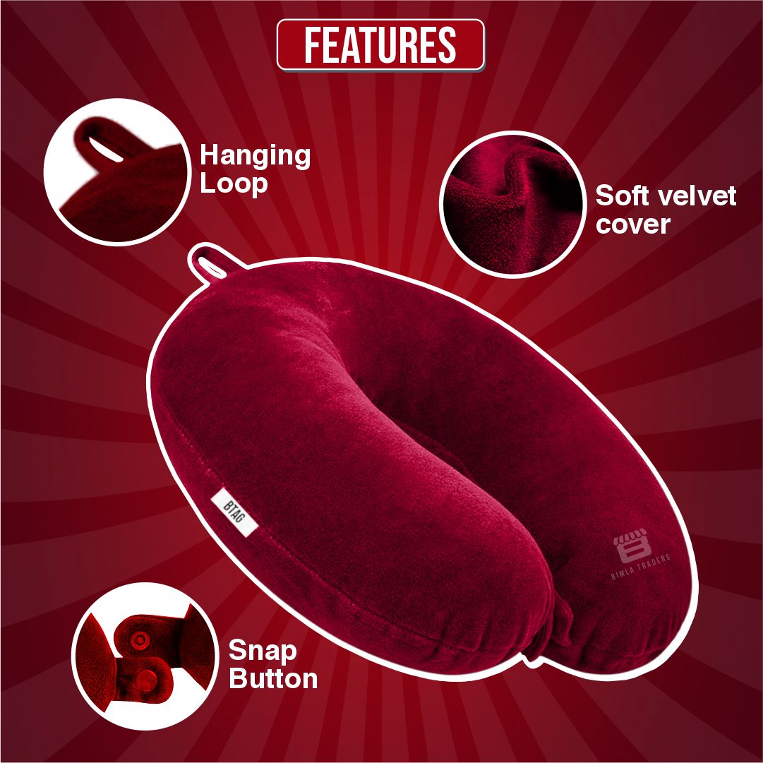 Bimla Traders Travel Neck Pillow for Men & Women | Soft Fibre Cushion for Flight, Car & Train | Soft Velvet Fabric with Attachable Snap Strap | Cervical Support for Neck Pain Relief. Pack of 1