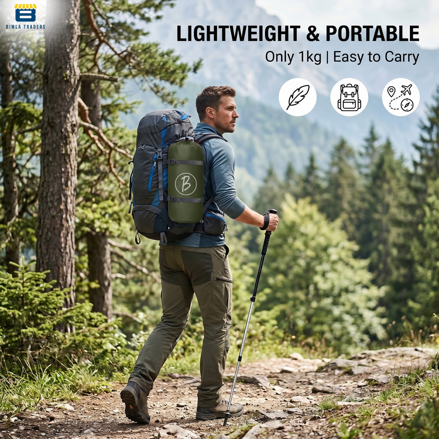 Bimla Traders Sleeping Bag for Camping & Travel | Regular Size Lightweight Sleeping Bag (1kg) | Comfortable, Easy to Carry & Store. Pack of 1