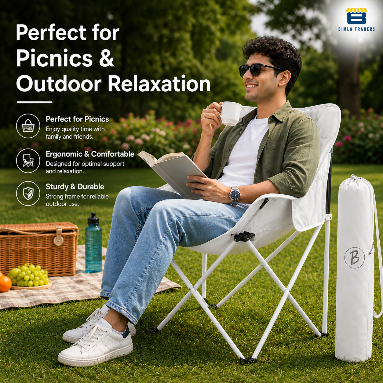 Bimla Traders Foldable Camping Chair with Carry Bag, Portable Outdoor Folding Chair for Camping, Picnic, Garden and Travel, Heavy Duty Metal Frame.