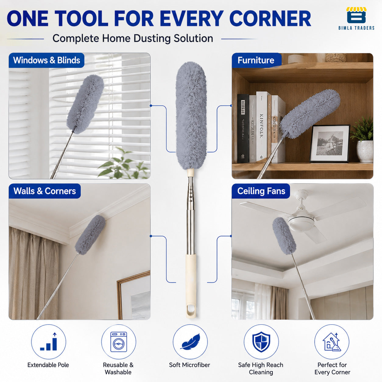 Bimla Traders Feather Duster Bendable & Extendable Fan Cleaning Duster with 100 inches Expandable Pole Handle Washable