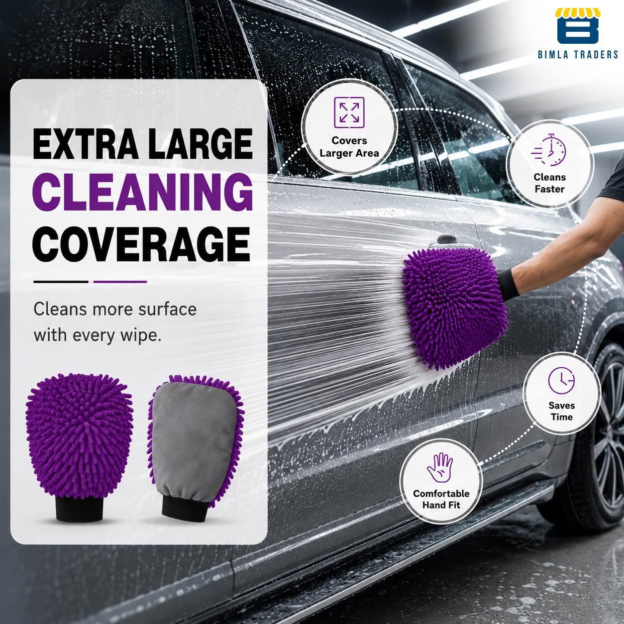 Bimla Traders Microfibre Wash Mitt Cleaning Gloves | Heavy-Duty Quality | Super Absorbent | Extra Large.
