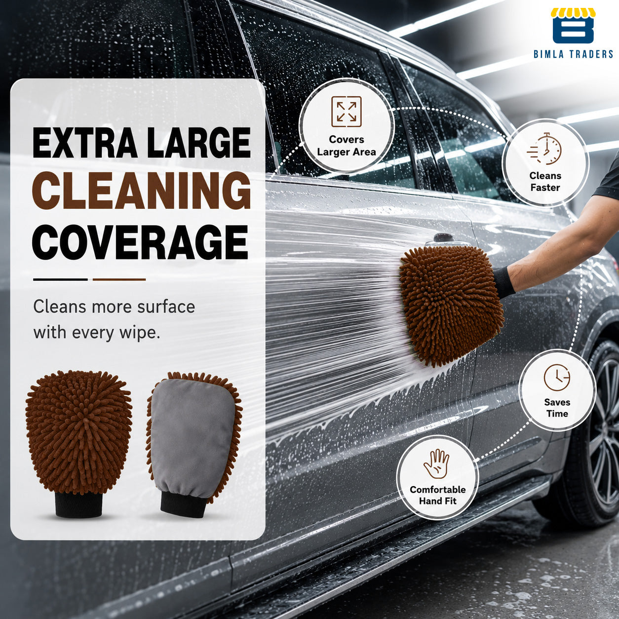 Bimla Traders Microfibre Wash Mitt Cleaning Gloves | Heavy-Duty Quality | Super Absorbent | Extra Large.
