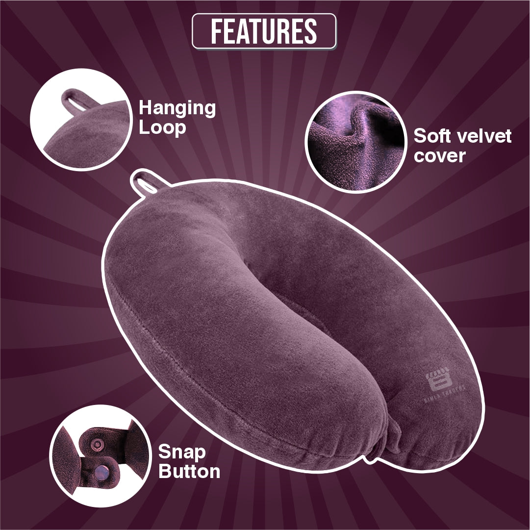 Bimla Traders Travel Neck Pillow for Men & Women | Soft Fibre Cushion for Flight, Car & Train | Soft Velvet Fabric with Attachable Snap Strap | Cervical Support for Neck Pain Relief. Pack of 1