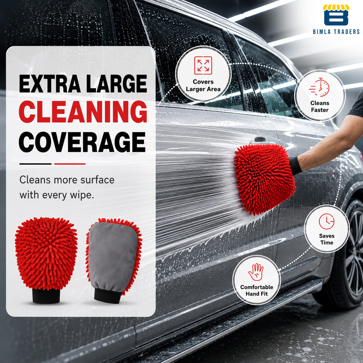 Bimla Traders Microfibre Wash Mitt Cleaning Gloves | Heavy-Duty Quality | Super Absorbent | Extra Large.
