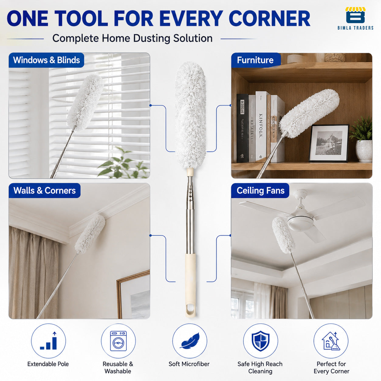 Bimla Traders Feather Duster Bendable & Extendable Fan Cleaning Duster with 100 inches Expandable Pole Handle Washable