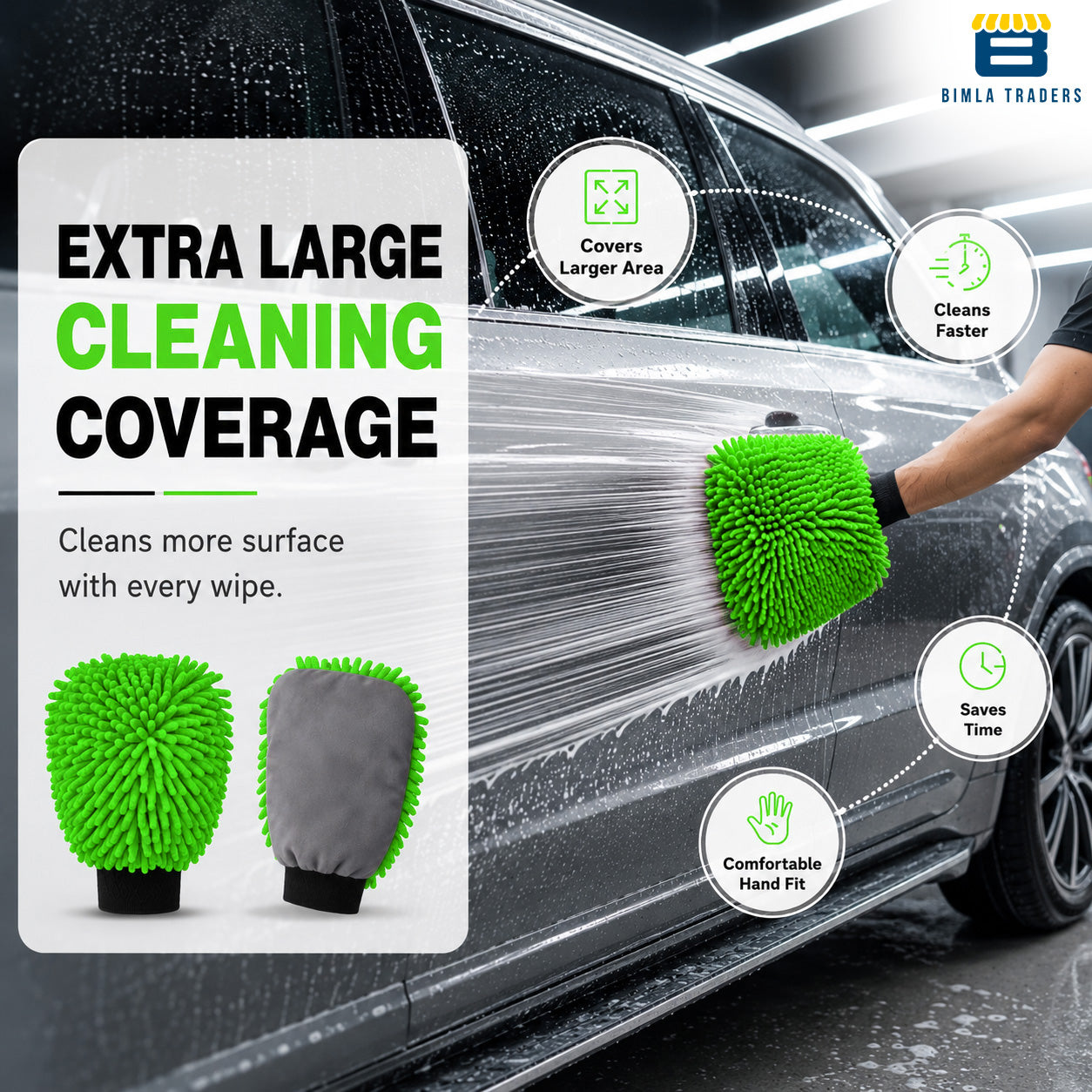 Bimla Traders Microfibre Wash Mitt Cleaning Gloves | Heavy-Duty Quality | Super Absorbent | Extra Large.