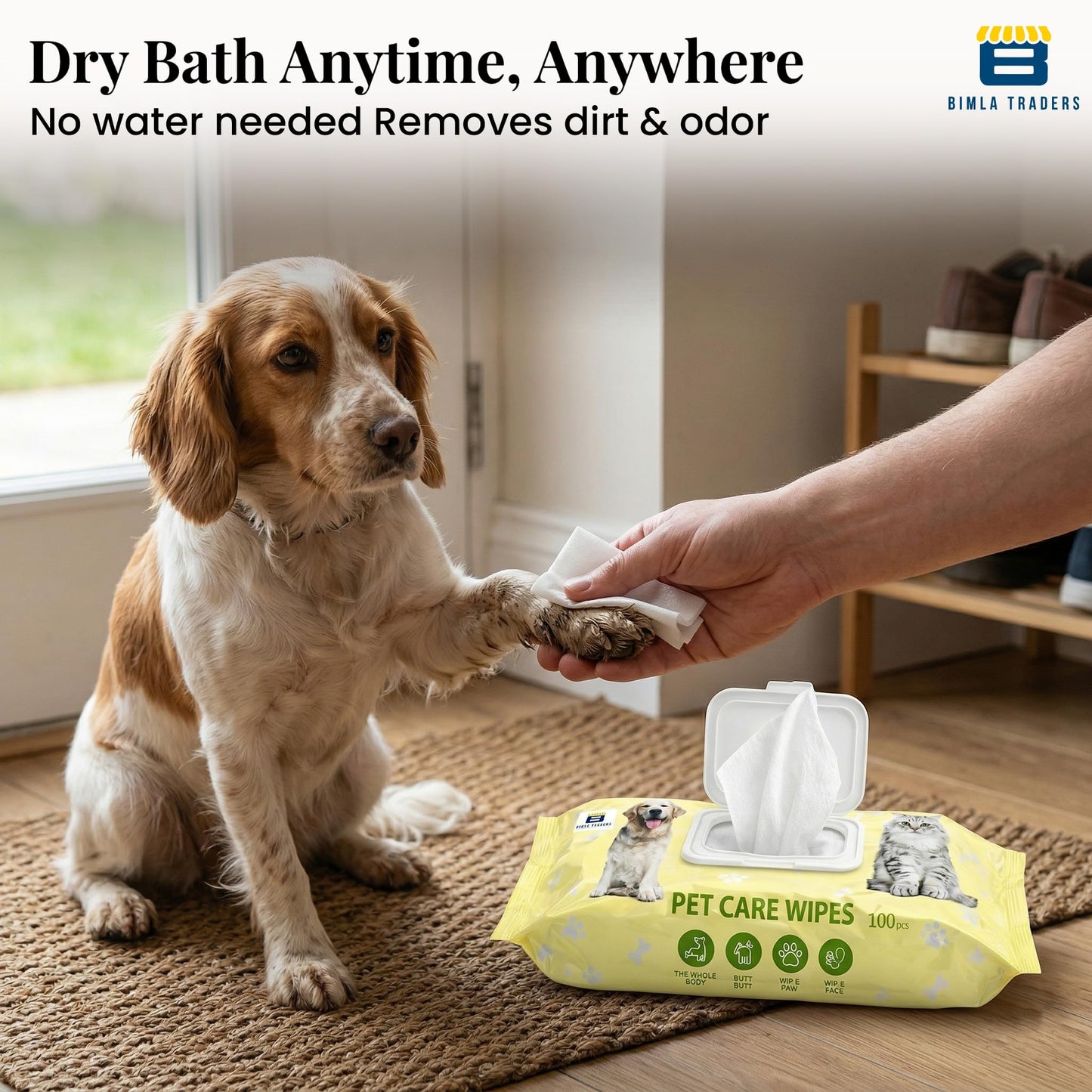 Bimla Traders Pet Grooming Wipes for Dogs & Cats (14 × 18 cm) | 100 Count | pH Balanced Dry Bath | Ear, Paw & Coat Cleaning | Hygiene Essentials | Non-Woven Disposable Cloth 40 GSM