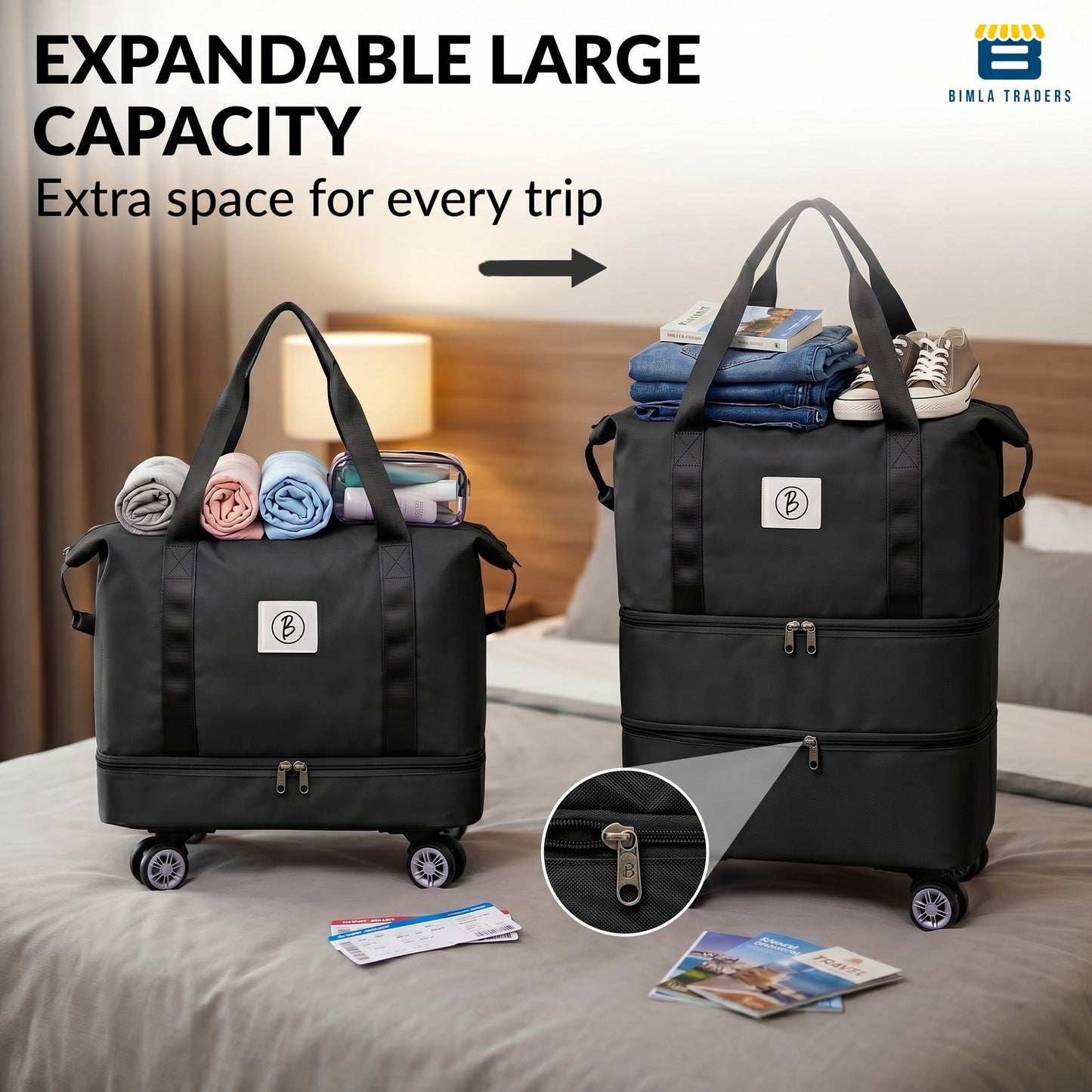 Bimla Traders Travel Duffle Bag with Wheels | Expandable & Waterproof Traveling Bag for Unisex (Pack of 1)