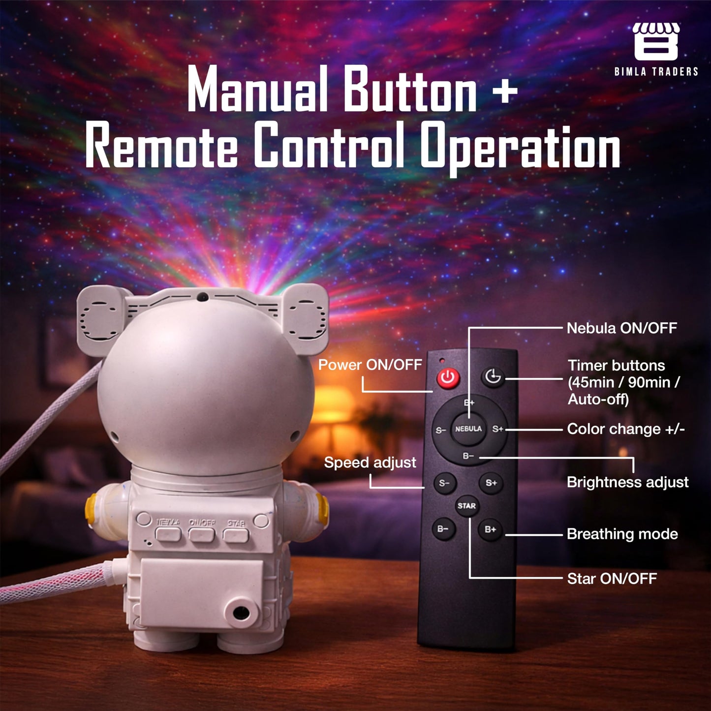 Bimla Traders Astronaut Galaxy Projector Lamp | Space Theme Light Projector for Bedroom, Kids & Home Décor | Adjustable Lighting & Remote Control. Pack of 1 (PL001)